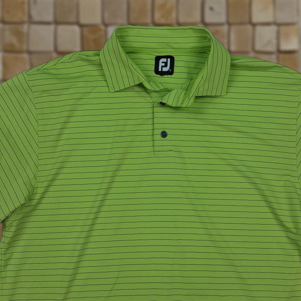 Footjoy VINTAGE FootJoy Striped Golf Polo Shirt - Large - Green - Short Sleeve - Collared - Button - Polyester Microfiber - Men's Polo Size US L / EU 52-54 / 3 - 1 Thumbnail