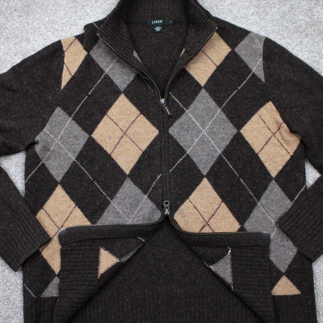 J.Crew J. Crew Sweater Mens Large Brown/Tan Argyle Lambswool Full Zip L/S Sweatshirt Hoodie Size US L / EU 52-54 / 3 - 5 Thumbnail