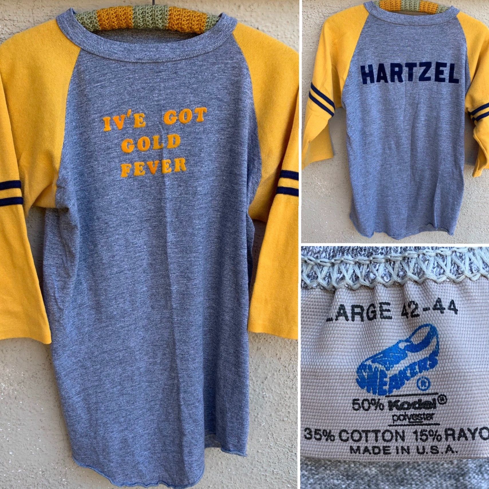 Vintage VINTAGE Ive Got Gold Fever Hartzel Raglan Tee Iron On Lettering T Shirt 80s Sz L Size US L / EU 52-54 / 3 - 2 Thumbnail