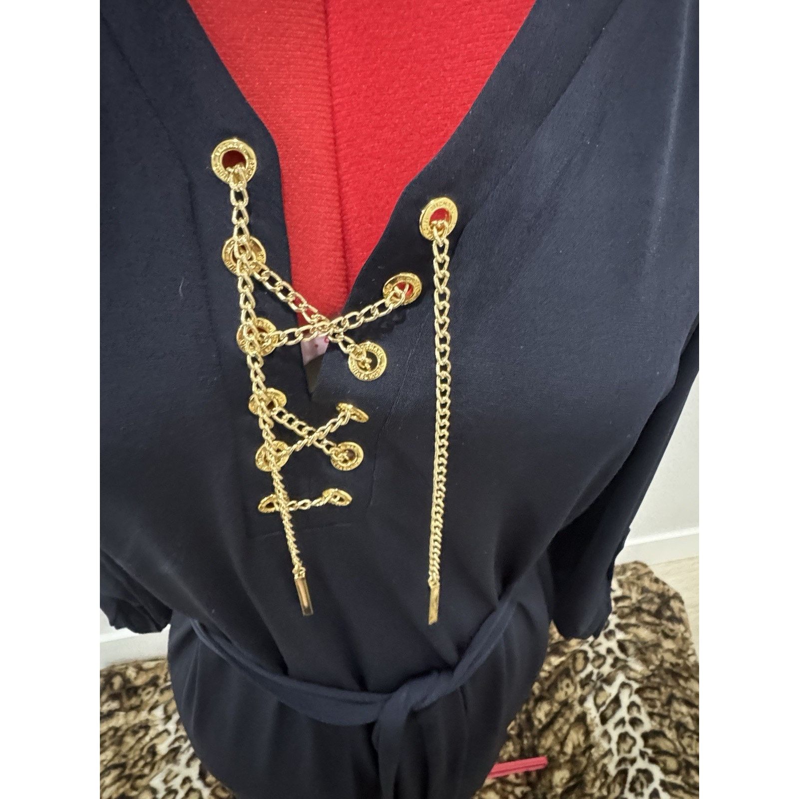 Michael Kors Michael Kors Navy Gold Chain Lace Up Shift Belted Dress Size S / US 4 / IT 40 - 3 Thumbnail