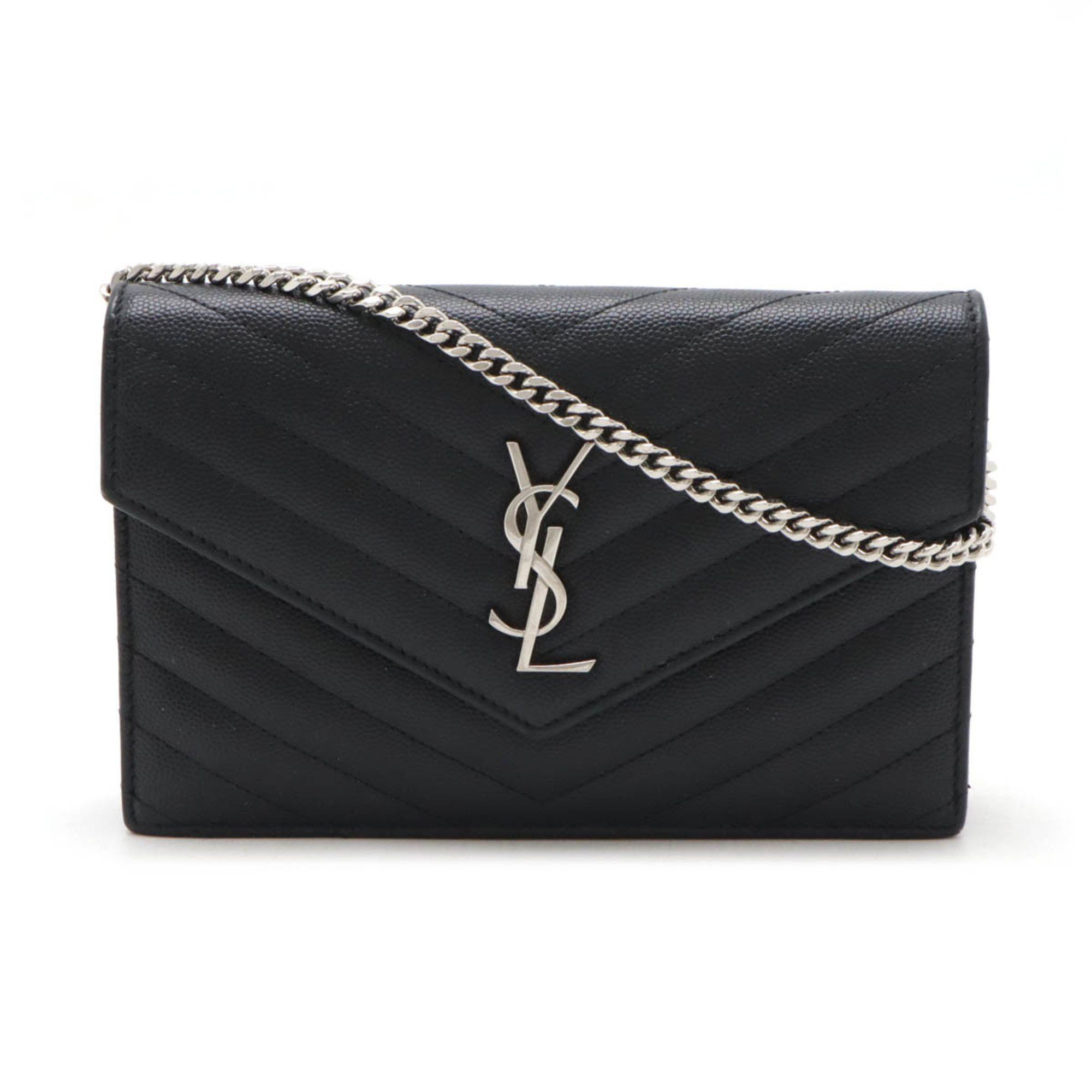 YVES Saint Laurent Paris YSL Monogram Envelope Shoulder Bag Chain Wallet Clutch Black 393953, Women's