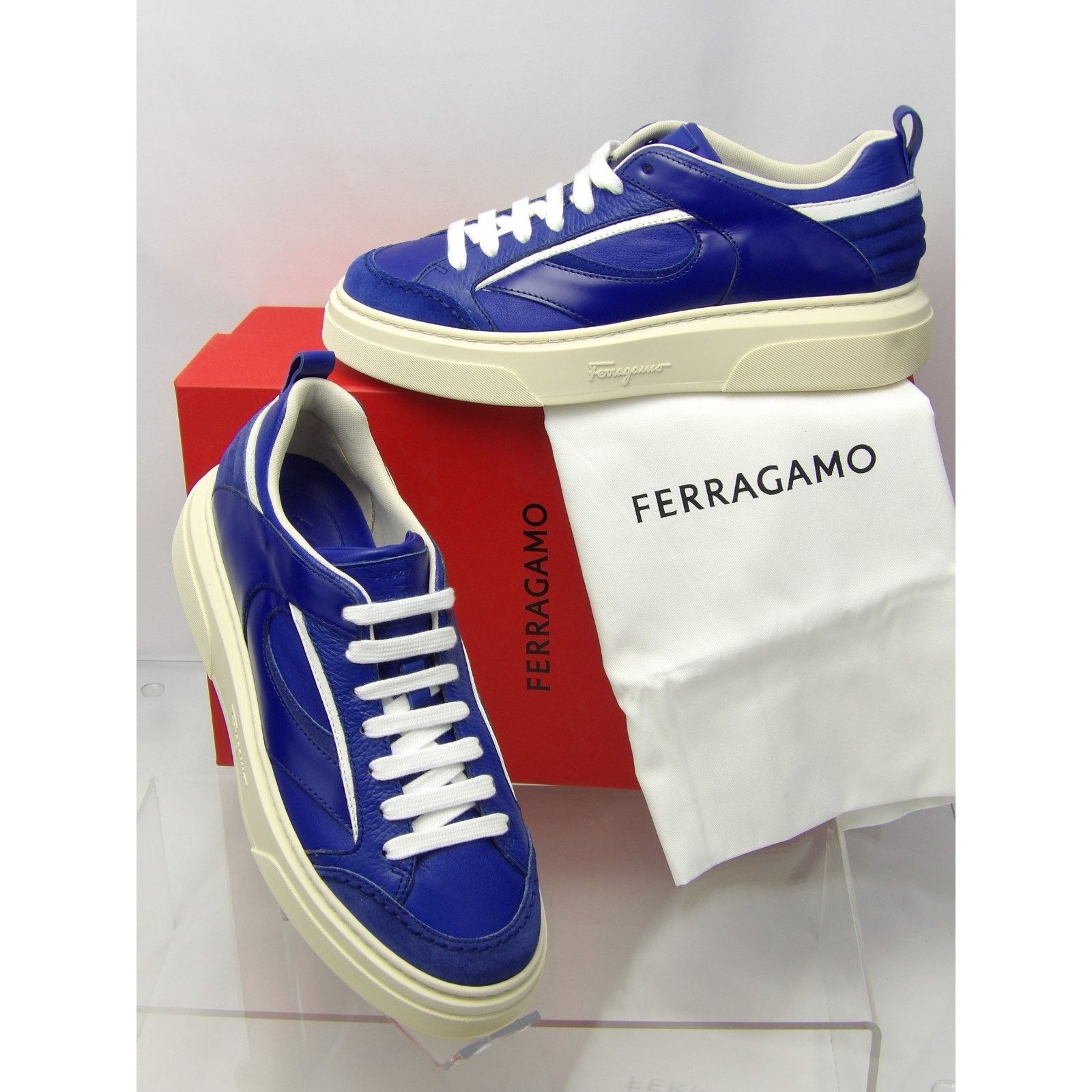 Salvatore Ferragamo FERRAGAMO CASSINA BLUE LEATHER LOGO LACE SNEAKERS 9 M ITALY Size US 10 / EU 43 - 1 Thumbnail