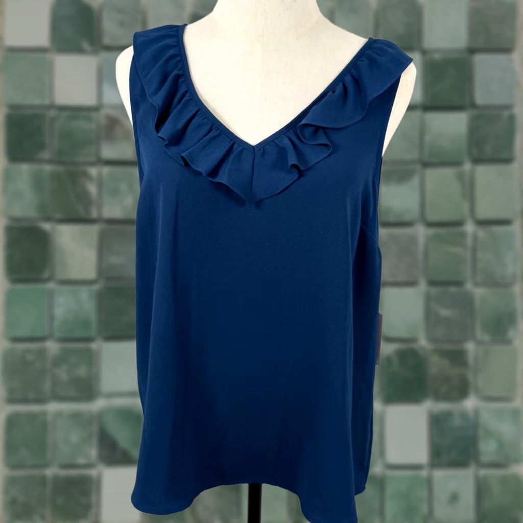 Vintage LC Lauren Conrad Womens M Sleeveless V-Neck Top Blue Coquette NWT Ruffle Blouse Submarine Navy Chiffon-Style, Office, Casual, Workwear Size M / US 6-8 / IT 42-44 - 1 Thumbnail