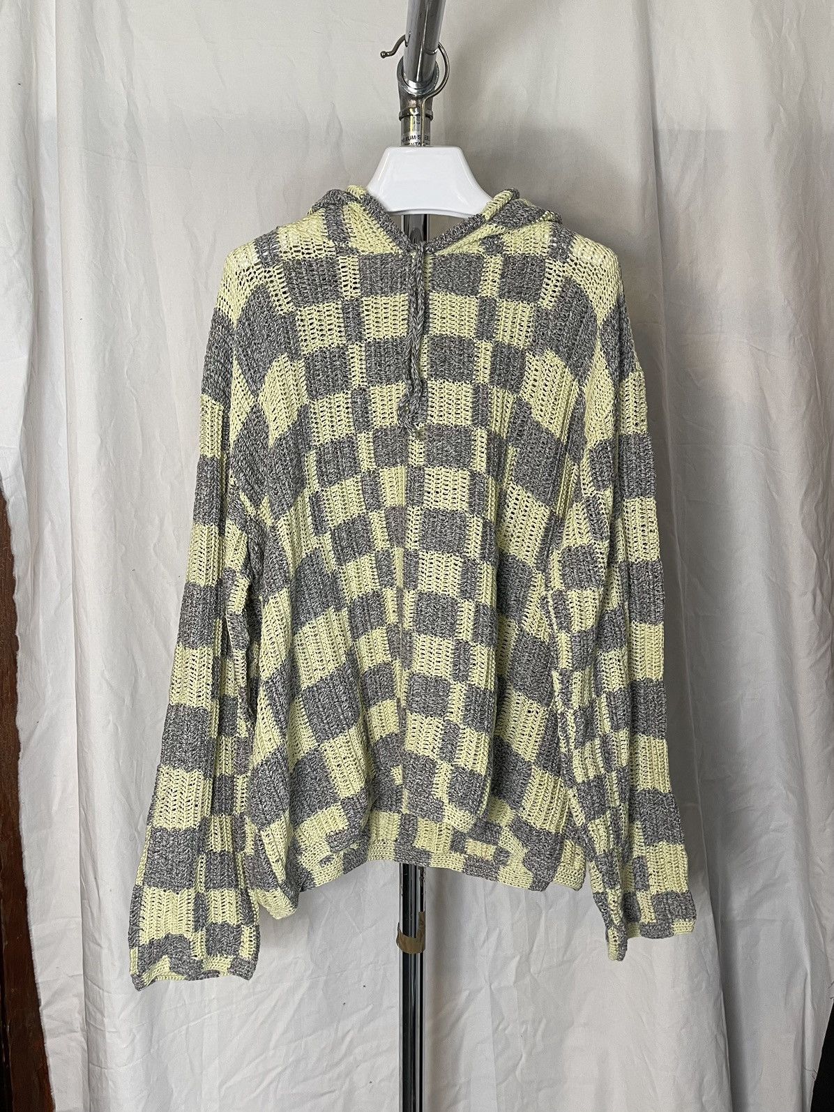 image of Judy Turner Crochet Checkerboard Hoodie in Gray/Yellow, Women's (Size XL)