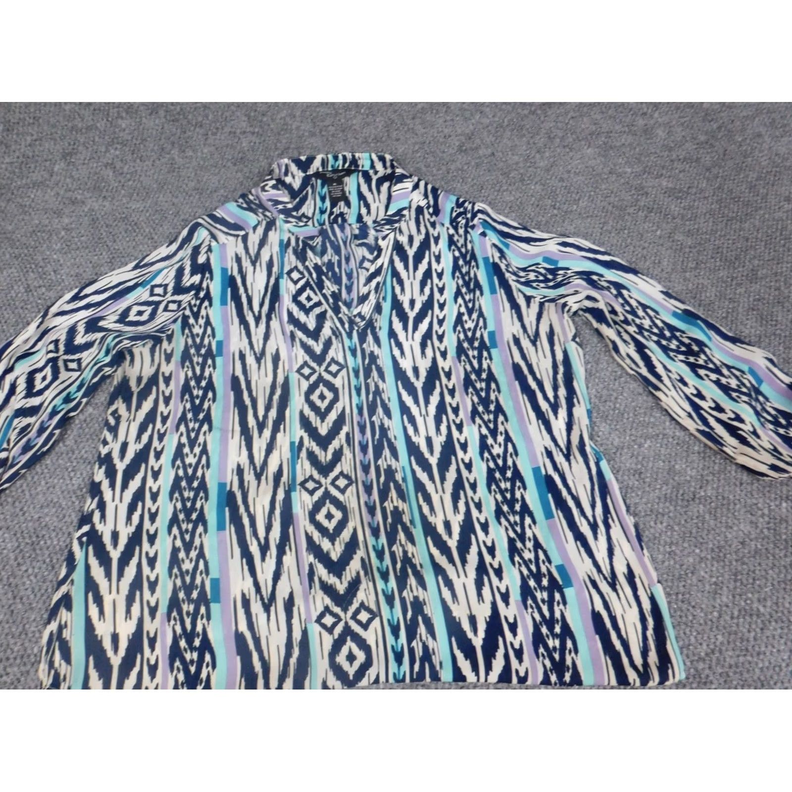 Vintage Riley & James Womens Blouse XL Blue Button Down Casual Long Sleeve Crew Neck Geometric Rayon Polyester Stretch Regular Vintage: No Size XL / US 12-14 / IT 48-50 - 2 Thumbnail