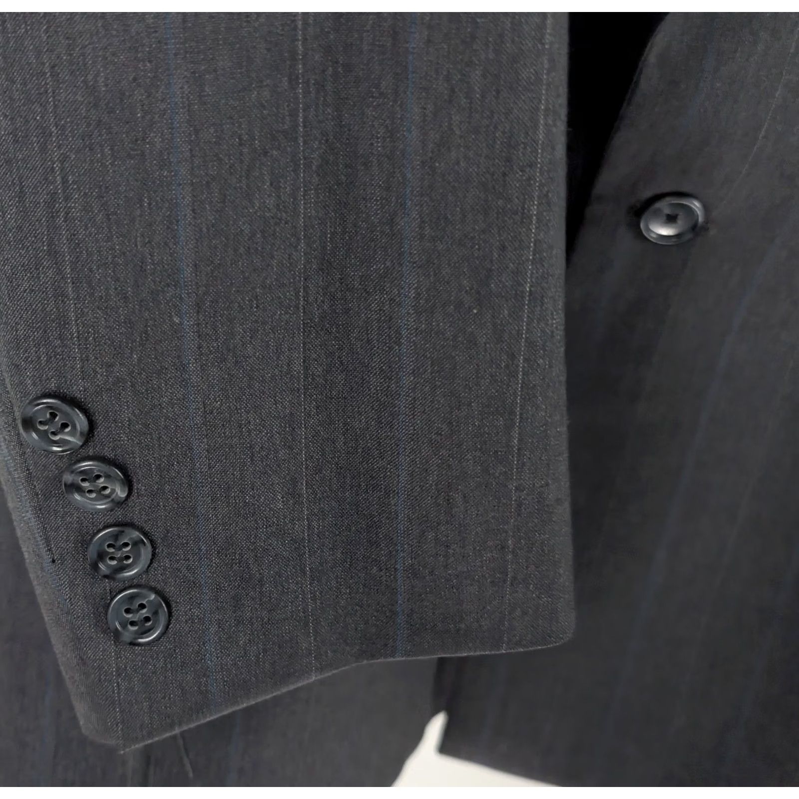 Perry Ellis VINTAGE Perry Ellis Marc Jacobs Double Breasted Wool Blazer Grey 90s Men 44 Regular Chest 44in Wall Street Pinstripe USA Blazer/Men’s Sports Coat Size 44R - 4 Thumbnail