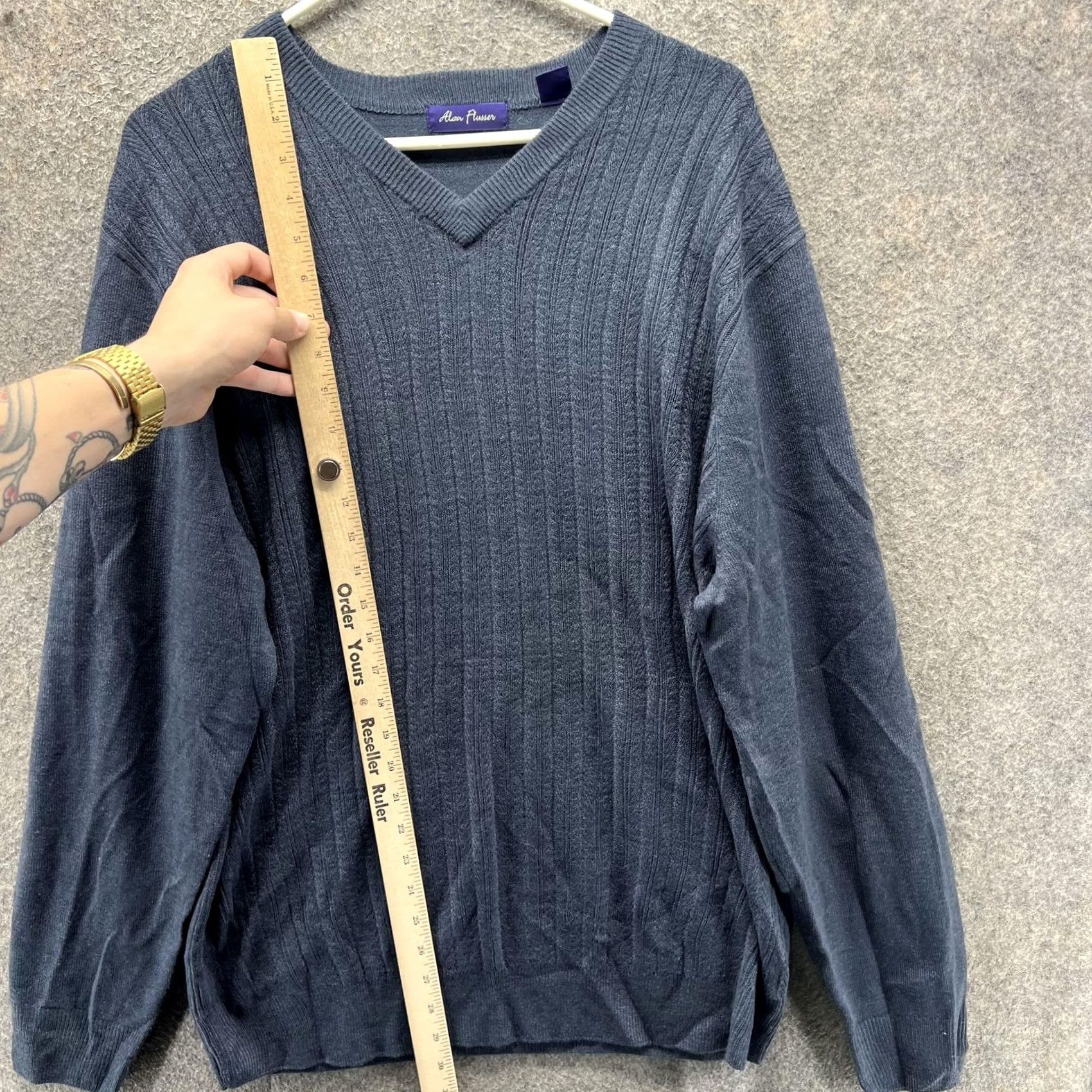 Vintage Alan Flusser Sweater Mens XL Gray V-Neck Cable-Knit Long Sleeve Pullover Size US XL / EU 56 / 4 - 5 Thumbnail