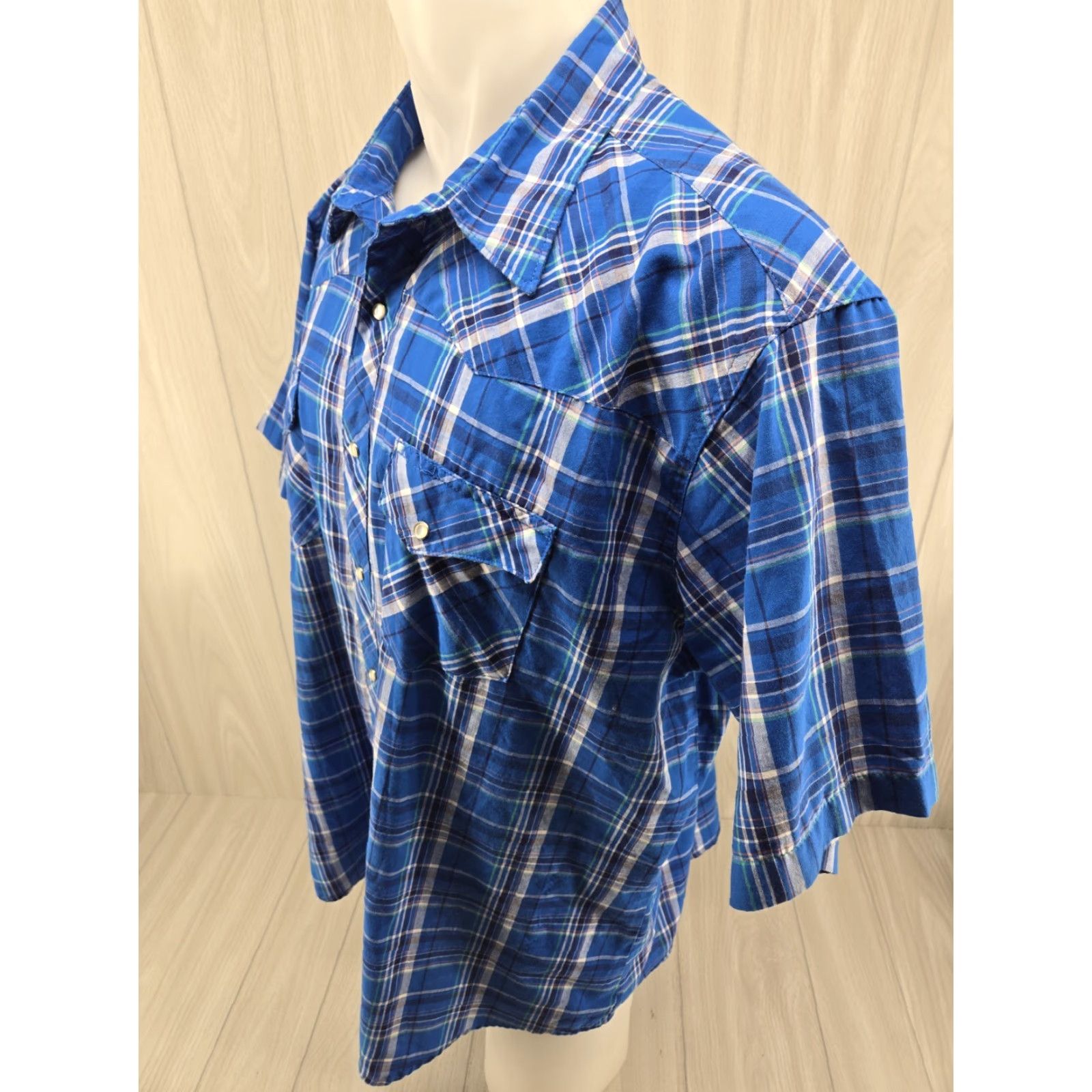 Wrangler VINTAGE Wrangler Wrancher Plaid Western Pearl Snap Short Sleeve Shirt XXL Blue Mens Size US XXL / EU 58 / 5 - 4 Thumbnail