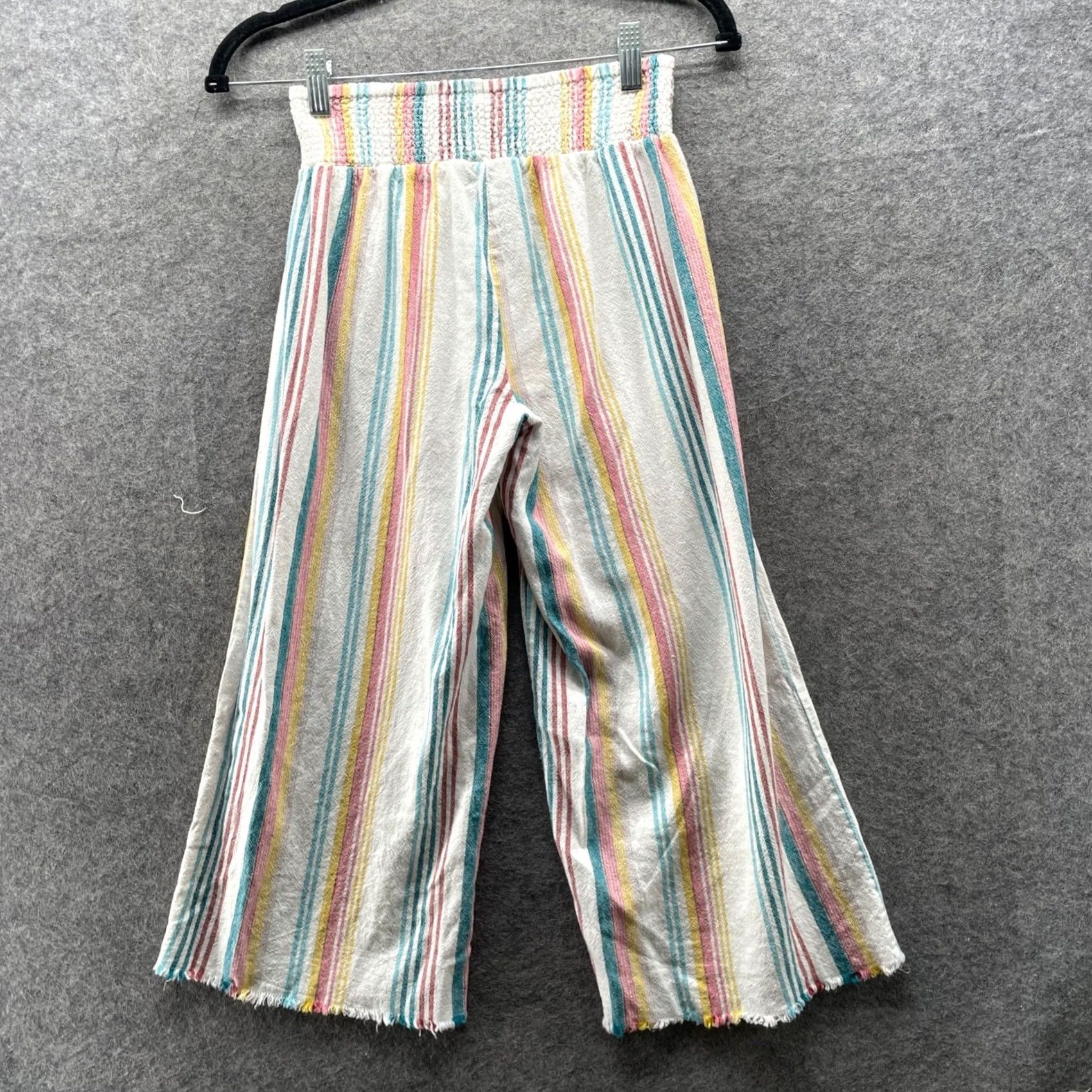 Vintage VINTAGE Indigo Rein Wide Leg Linen Blend Pants Womens XS Pastel Striped Cropped Frayed Size 26" / US 2 / IT 38 - 2 Thumbnail