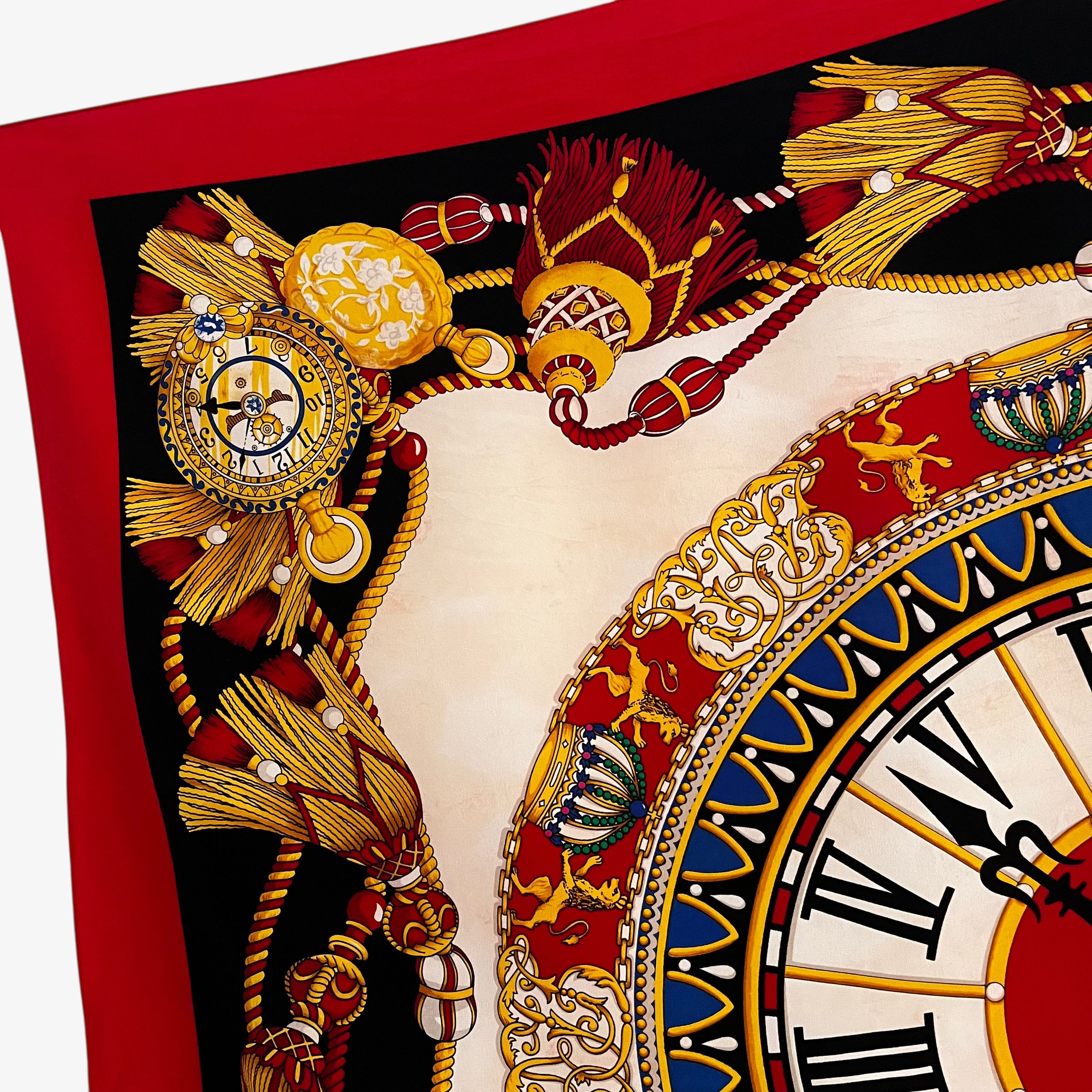 Bob Mackie Vintage 90s Bob Mackie Clock Print Red Silk Scarf Size ONE SIZE - 4 Thumbnail