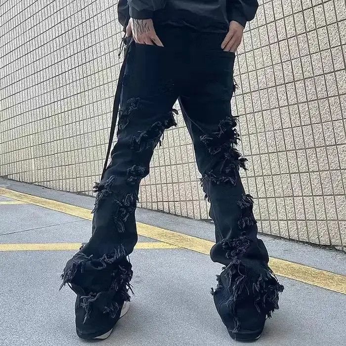 Japanese Brand High Street Ripped Tassel Frayed Black Flare Jeans Size US 30 / EU 46 - 3 Thumbnail