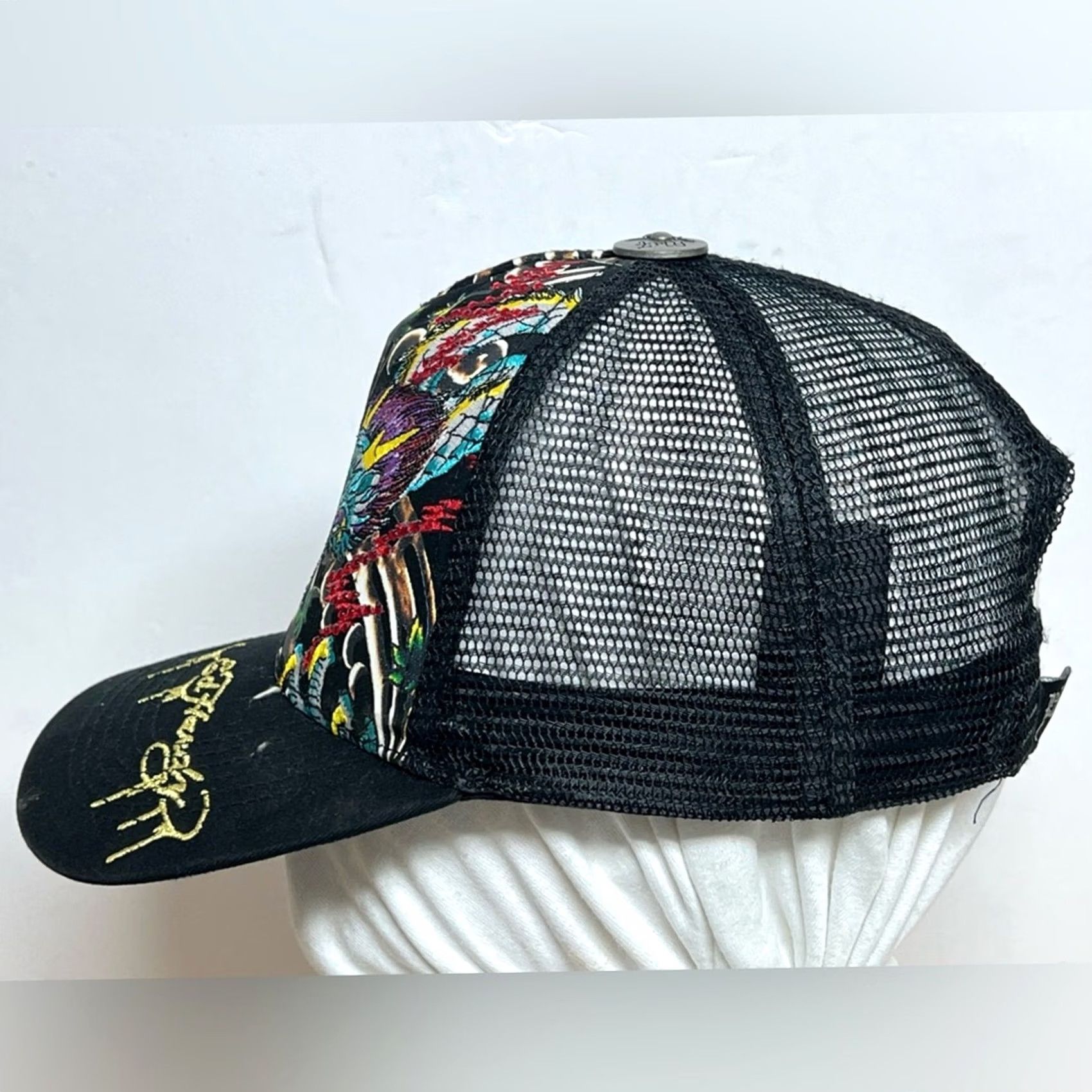 Ed Hardy Ed Hardy Black Trucker Cap Snapback Hat - Dragon Studded Bling Embroidered - Mens One Size Size ONE SIZE - 3 Thumbnail