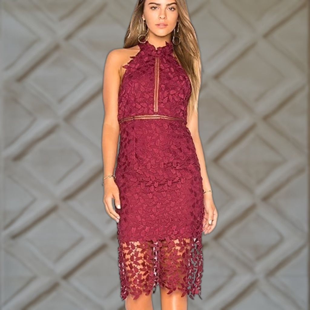 Bardot Dress Women 4 XS Burgundy Lace Halter Backless Cocktail Knee Length Sheath Party
