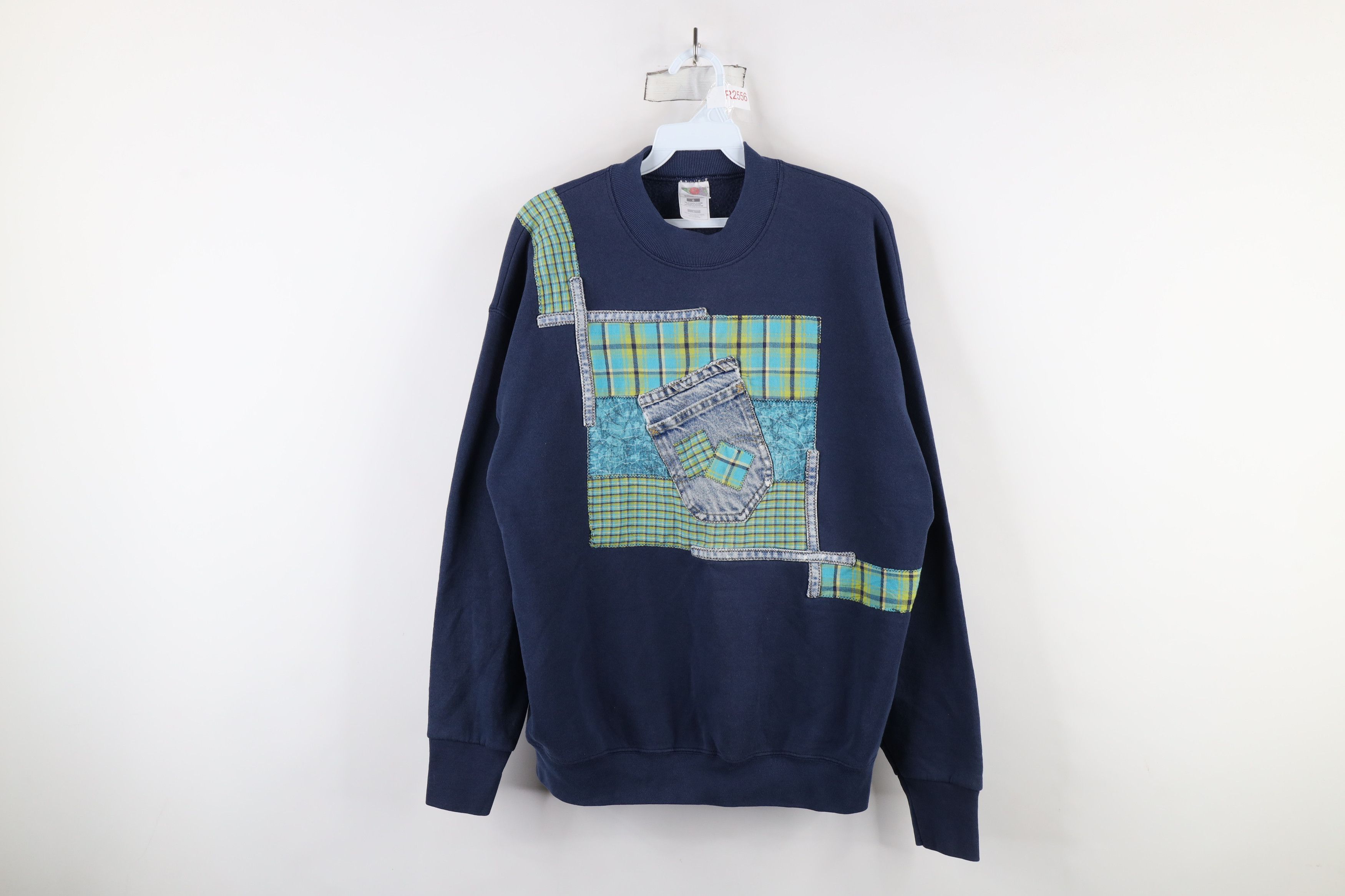 Vintage Vintage 90s Streetwear Patchwork Jean Pocket Sweatshirt Size L / US 10 / IT 46 - 1 Thumbnail