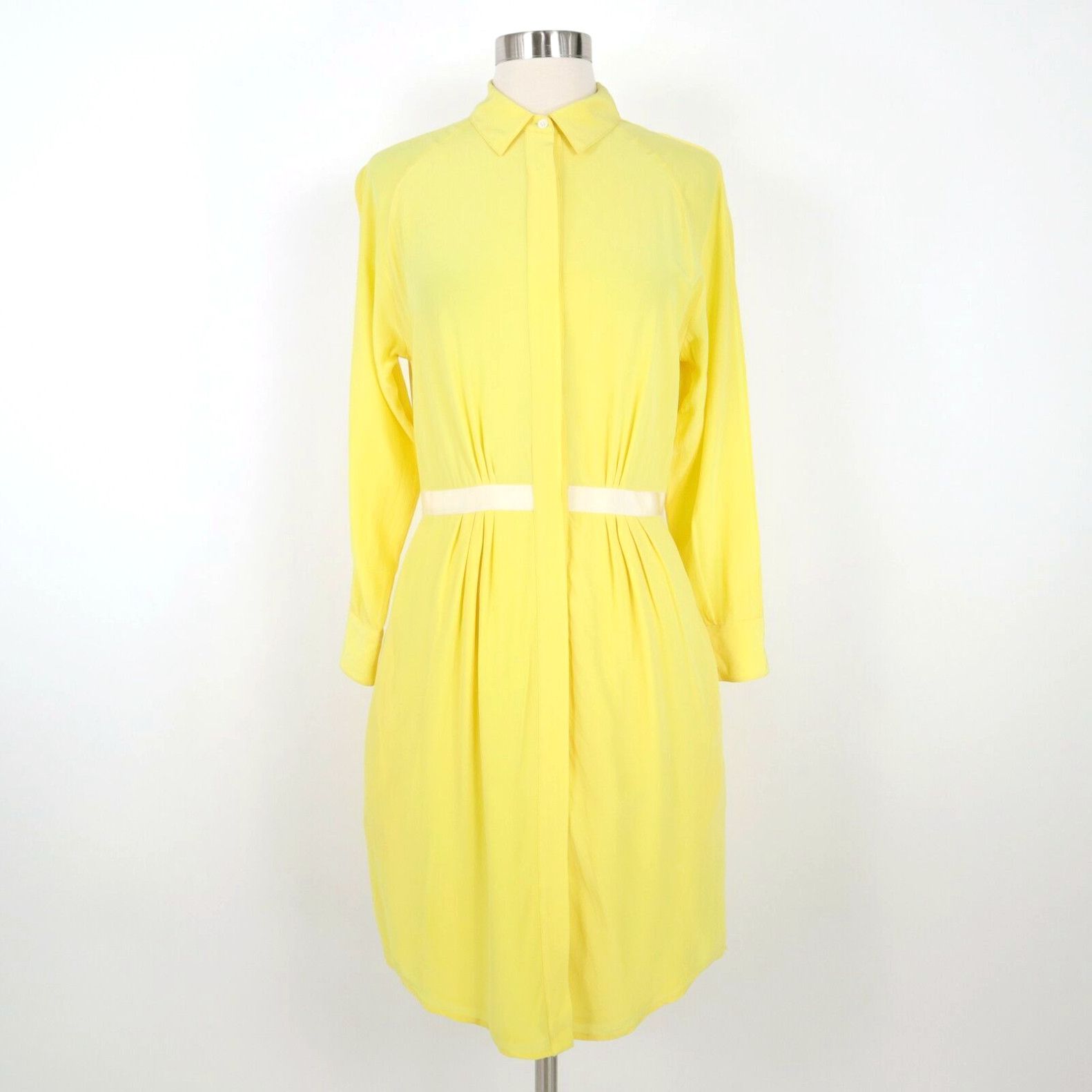 image of Vintage Band Of Outsiders Silk Shirt Dress Womens 0 Xs Yellow Slit Sleeves Pleated in White