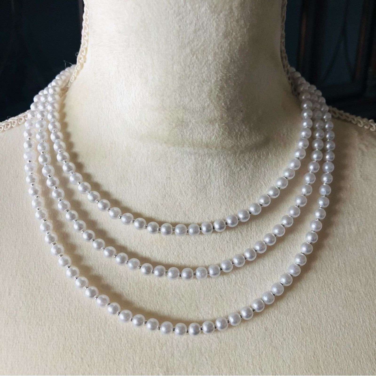 Handmade Handcrafted triple strand white pearl opalite clasp necklace Size ONE SIZE - 7 Thumbnail