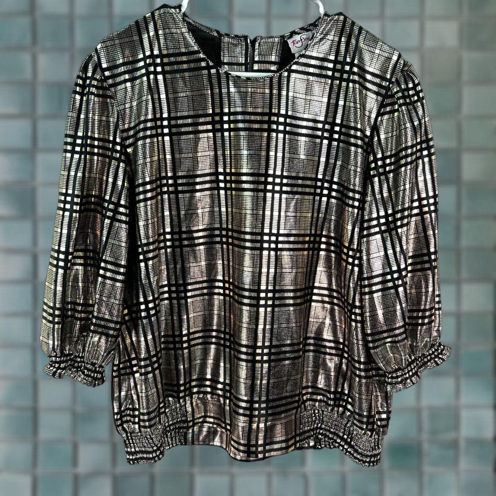 Vintage Tan F Jay Women's Blouse Plaid Metallic Black Top Size 16 3/4 Sleeves Pullover Size XXL / US 16-18 / IT 52-54 - 1 Thumbnail