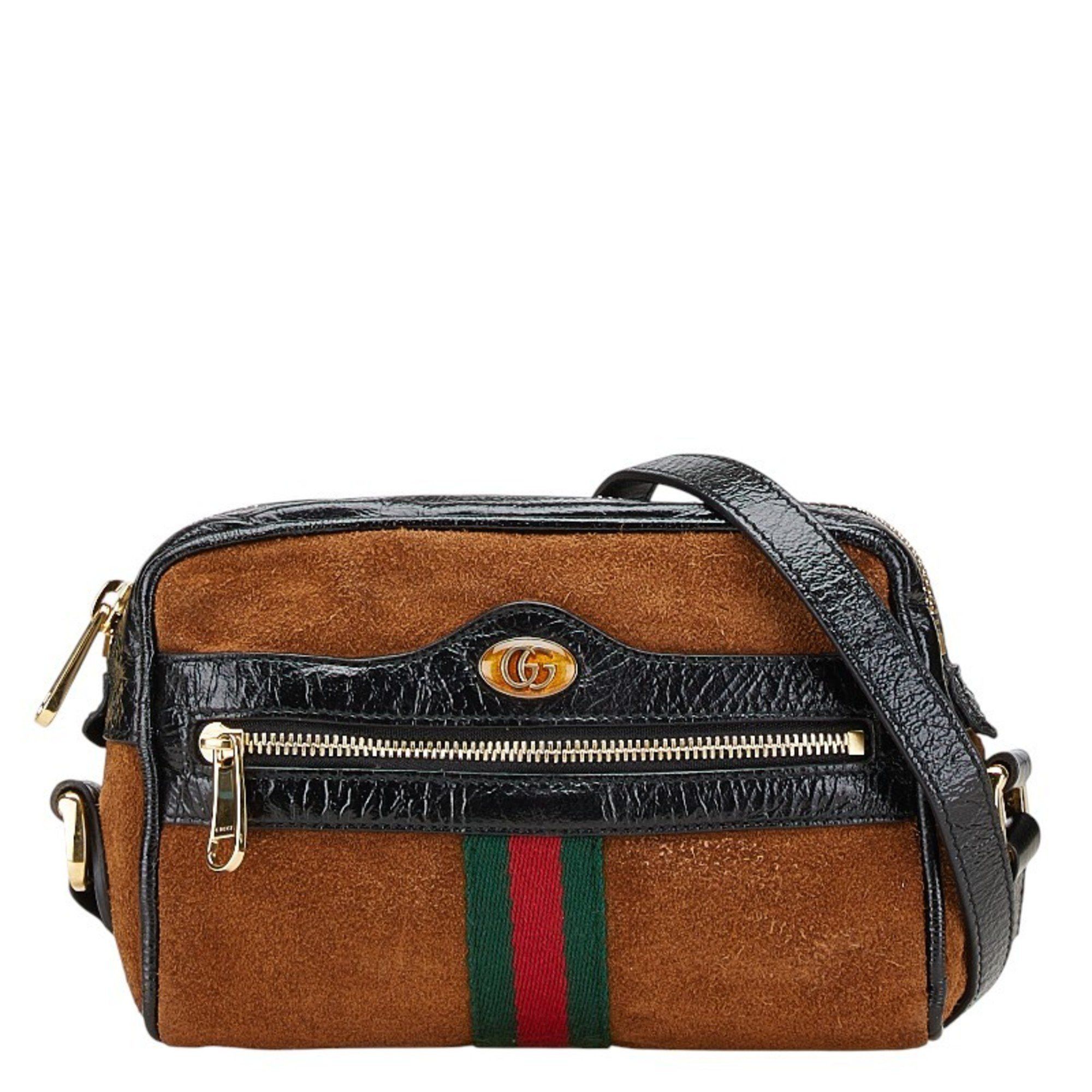 Gucci Shelly Ophidia Shoulder Bag 573321 Brown Black Suede Enamel