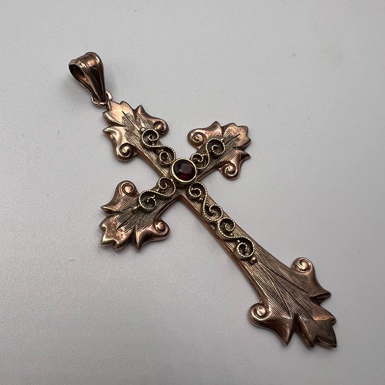 Vintage Gilt Silver 835 Christian Pendant Cross Garnet