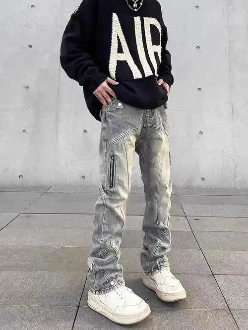 VIBE Retro distressed yellow mud-dyed straight-leg zipper jeans Size US 32 / EU 48 - 1 Thumbnail
