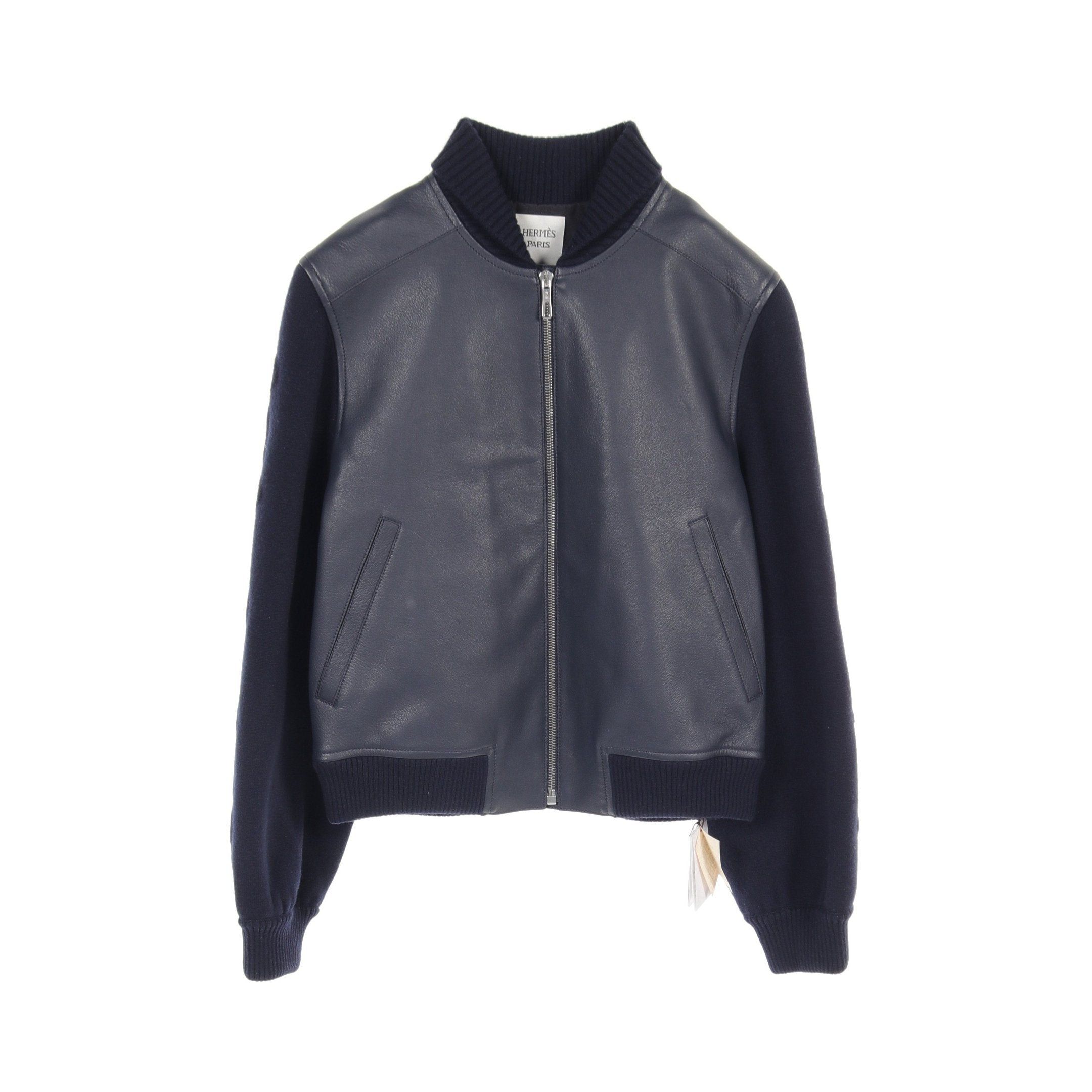 Hermes Hermes Chaîne Bomber Jacket Leather Goatskin Cashmere Cotton Navy Switching Size ONE SIZE - 1 Thumbnail