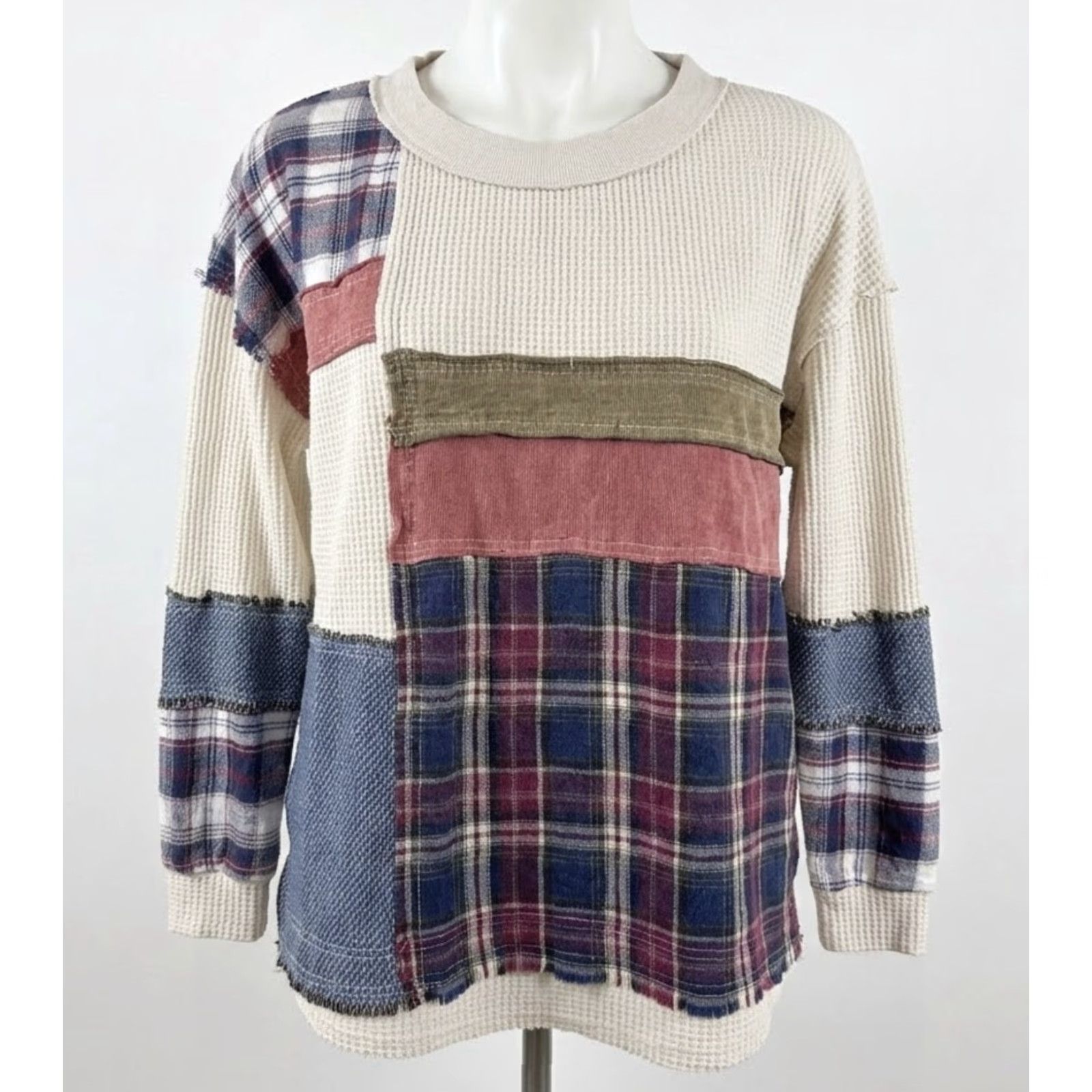BKE BKE T Shirt Womens S Cream Blue Patchwork Waffle Knit Thermal Long Sleeve Boho Size S / US 4 / IT 40 - 2 Thumbnail