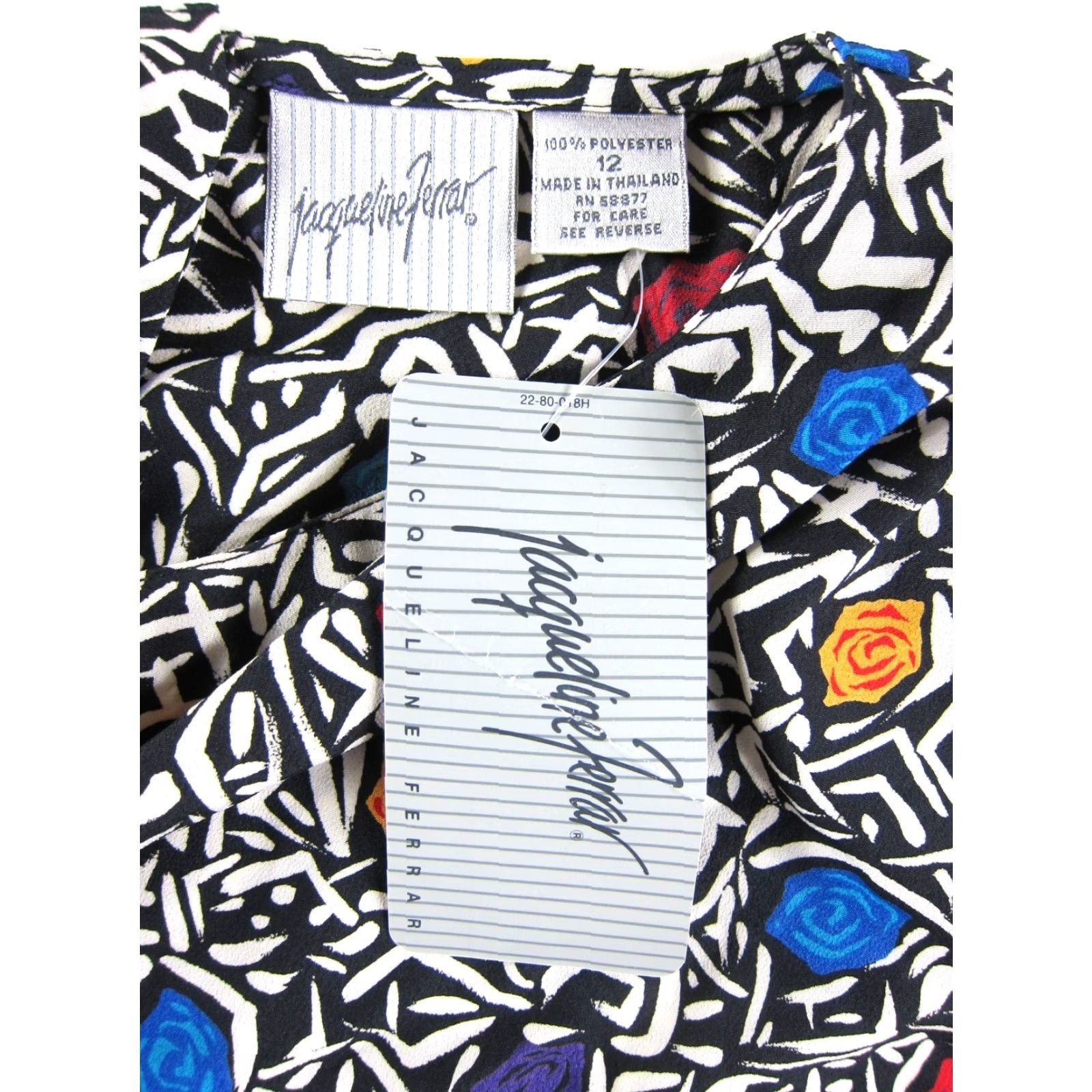 Vintage VINTAGE J. Ferrar Blouse Shirt 12 Black White Floral Rose Abstract Short Sleeve Womens Size XL / US 12-14 / IT 48-50 - 3 Thumbnail