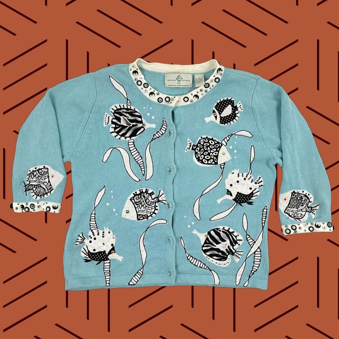 VINTAGE Philip & Jane Gordon Cardigan Womens L Blue Fish Animals Aquatic Grannycore