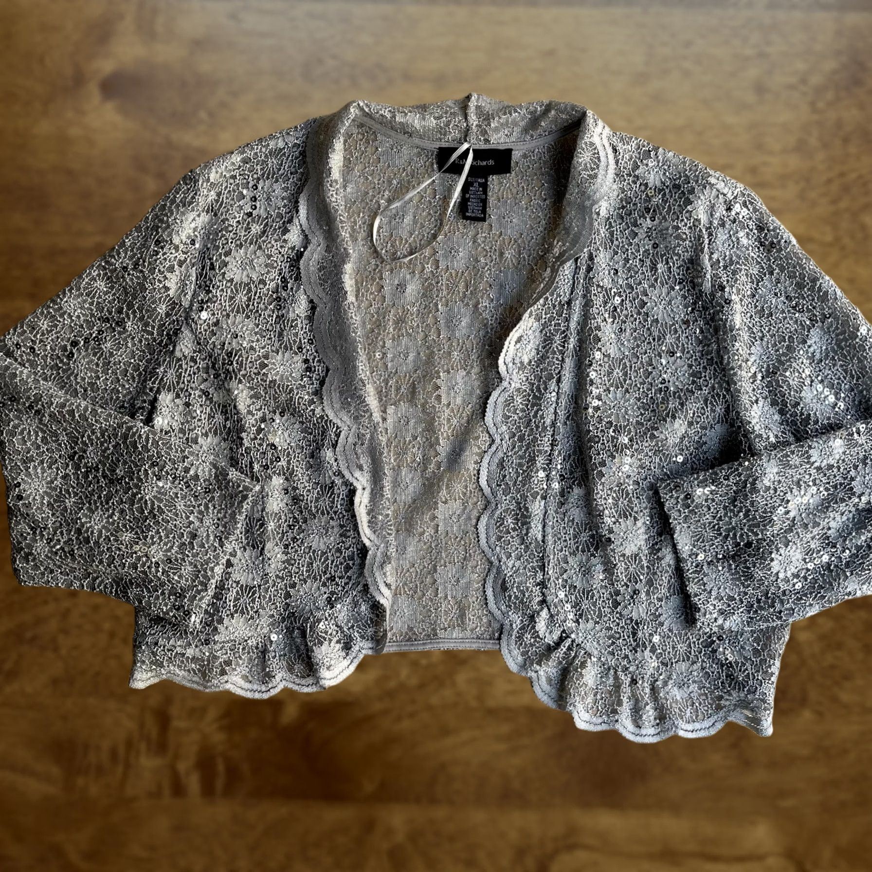 Vintage R & M Richards Jacket Womens XL Silver Lace Sequin Open Front Sheer Formal Size XL / US 12-14 / IT 48-50 - 1 Thumbnail