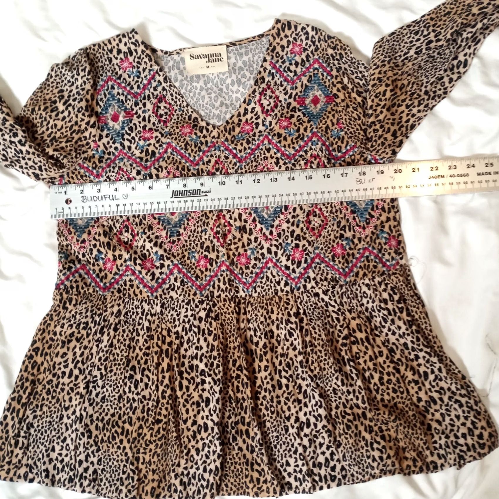 Vintage Savanna Jane Womens Animal Print Embroidered Top Medium Brown Rayon Ruffle hem Size M / US 6-8 / IT 42-44 - 7 Thumbnail