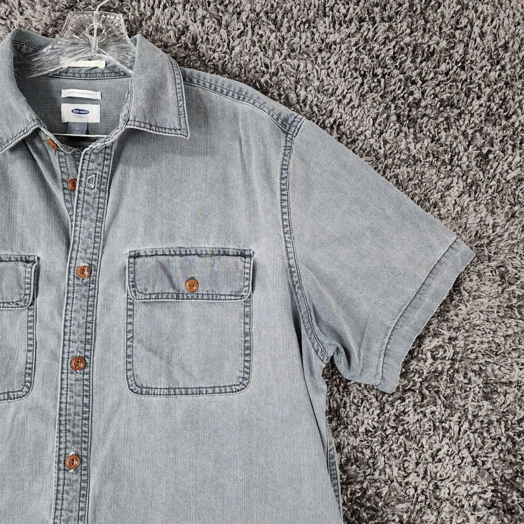 Old Navy Old Navy Button-Up Shirt Men L Short Sleeve Muted Blue Gray Blue Size L Size US 33 - 3 Thumbnail