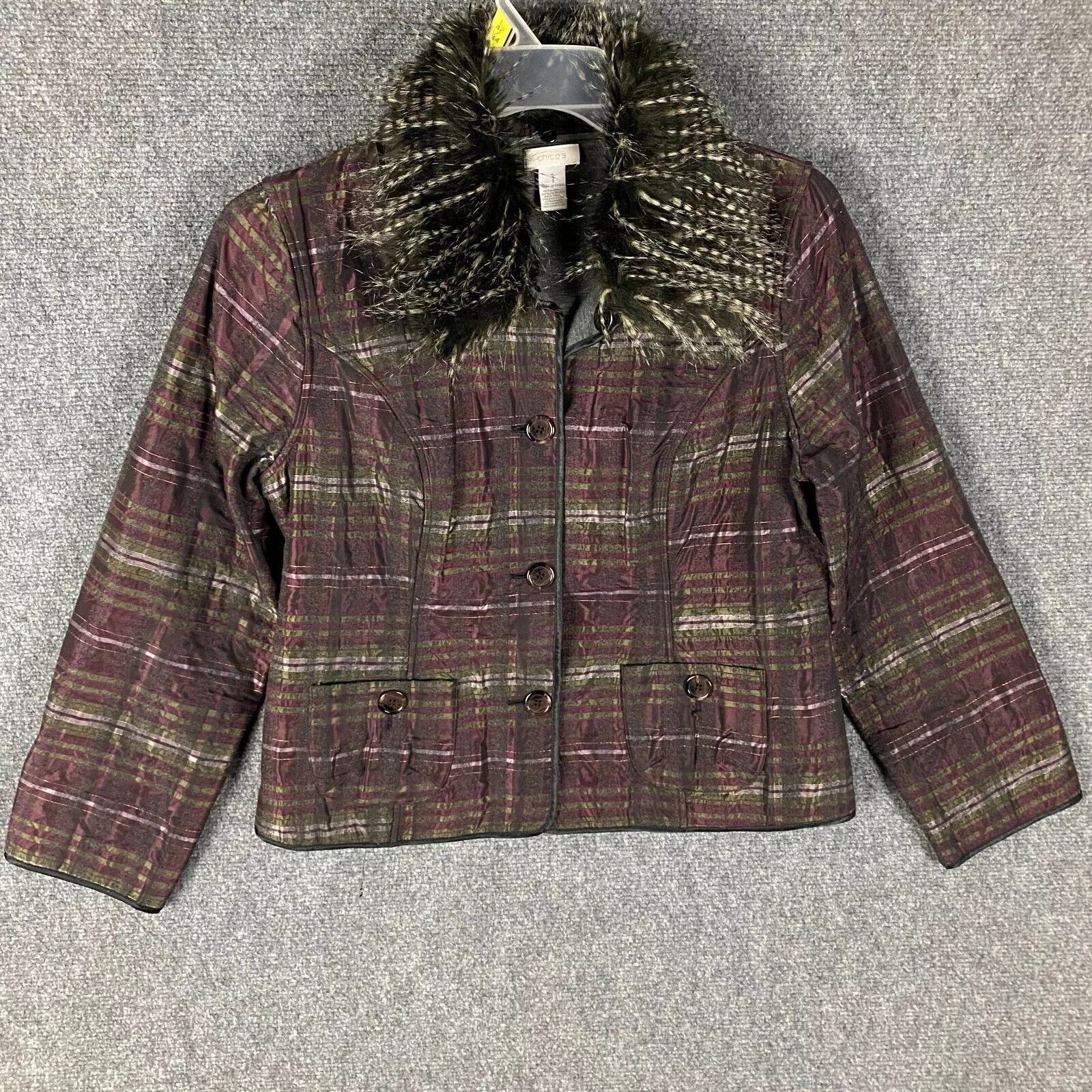 Chicos Chico's Coat Women's Size 1 Fur Collar Lined Striped Size XS / US 0-2 / IT 36-38 - 1 Thumbnail