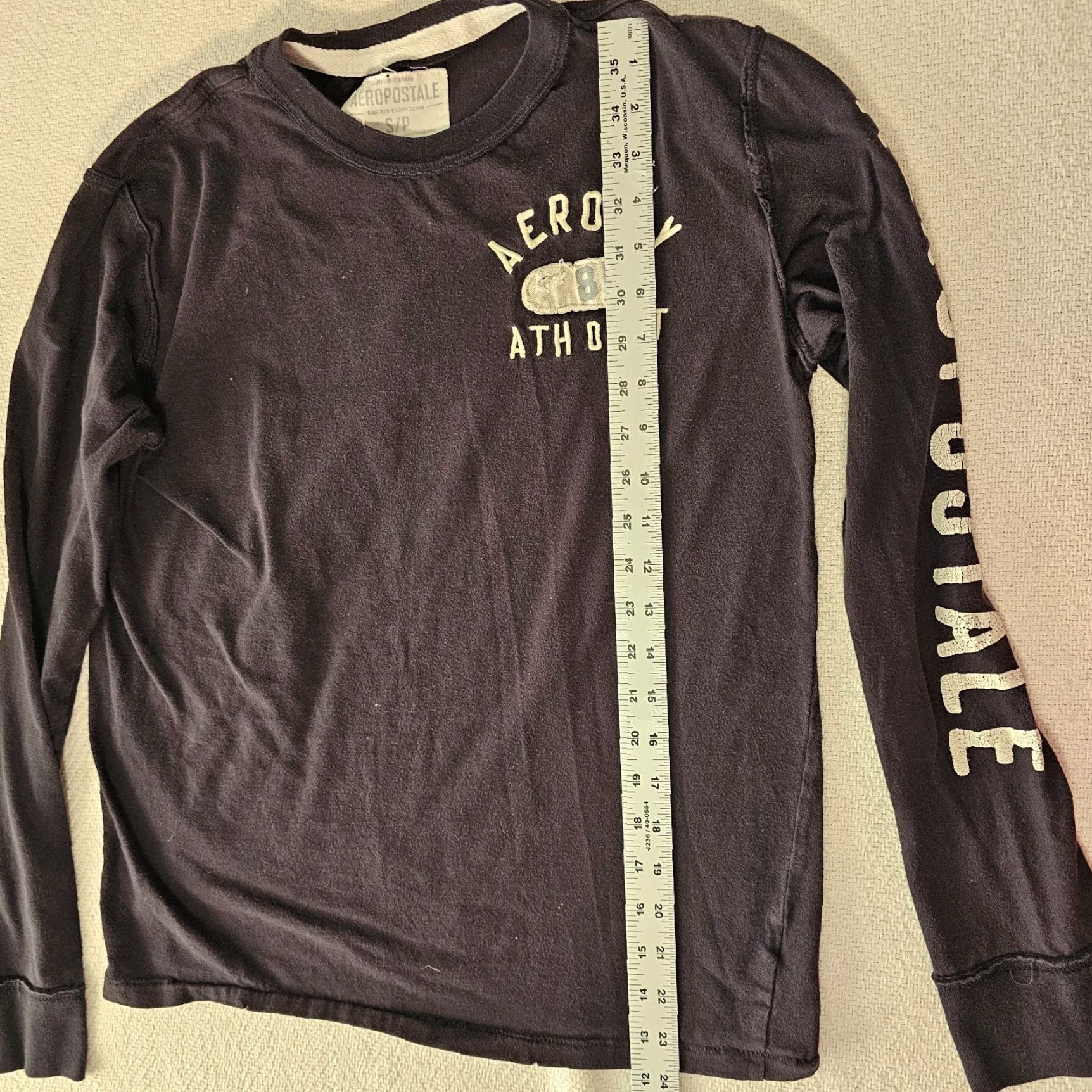 Vintage Aéropostale Shirt Mens S Black Aero 87 Logo Print Long Sleeve 100% Cotton Crew Neck T-Shirt Man 90s USA Band Aerosmith Logo Size US S / EU 44-46 / 1 - 5 Thumbnail