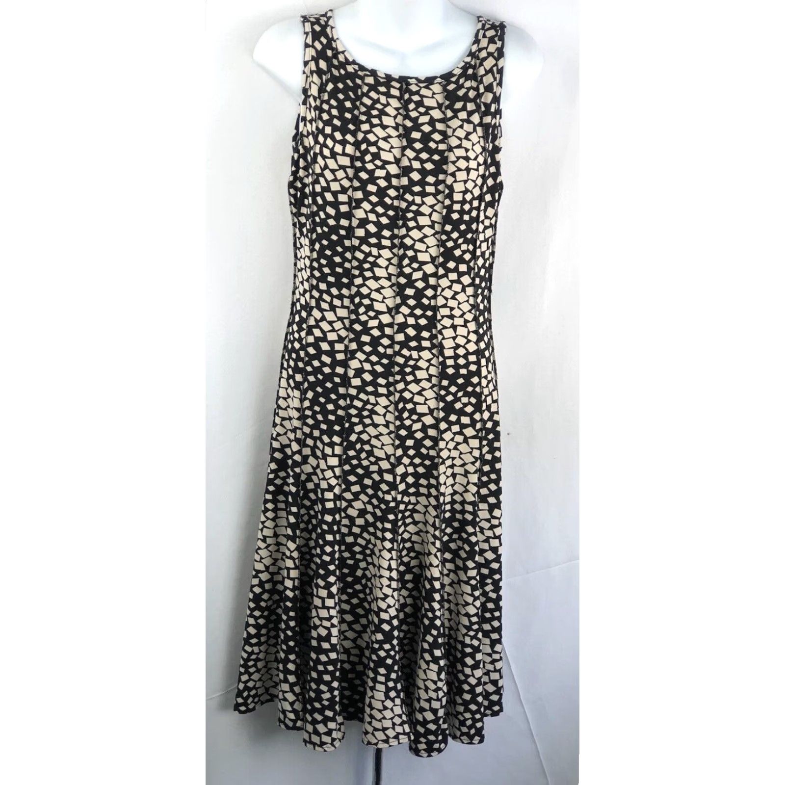 Forever 21 VINTAGE FOREVER 21 Dress Sleeveless Midi Fit & Flare S Tan/Blk Mod Pleated Geometric Print Bohemian Retro 60s Womens Size S / US 4 / IT 40 - 2 Thumbnail