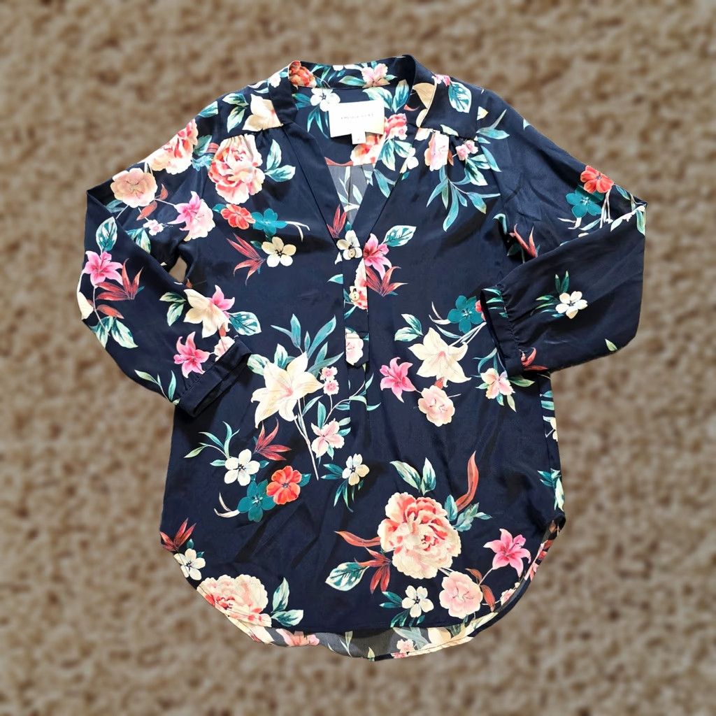 Vintage Amour Vert Top Blouse Womens XS Blue Floral Silk Popover Long Sleeve Casual Career Size XS / US 0-2 / IT 36-38 - 1 Thumbnail