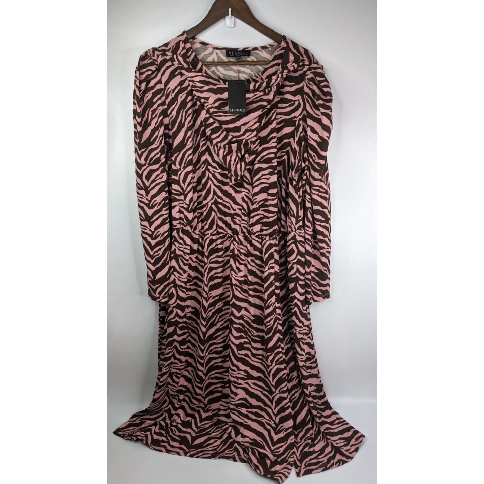 Vintage Eloquii Women’s Plus Size 22/24 Pink Brown Animal Print Scarf Neck Dress NWT Size 3XL / US 20-22 - 2 Thumbnail