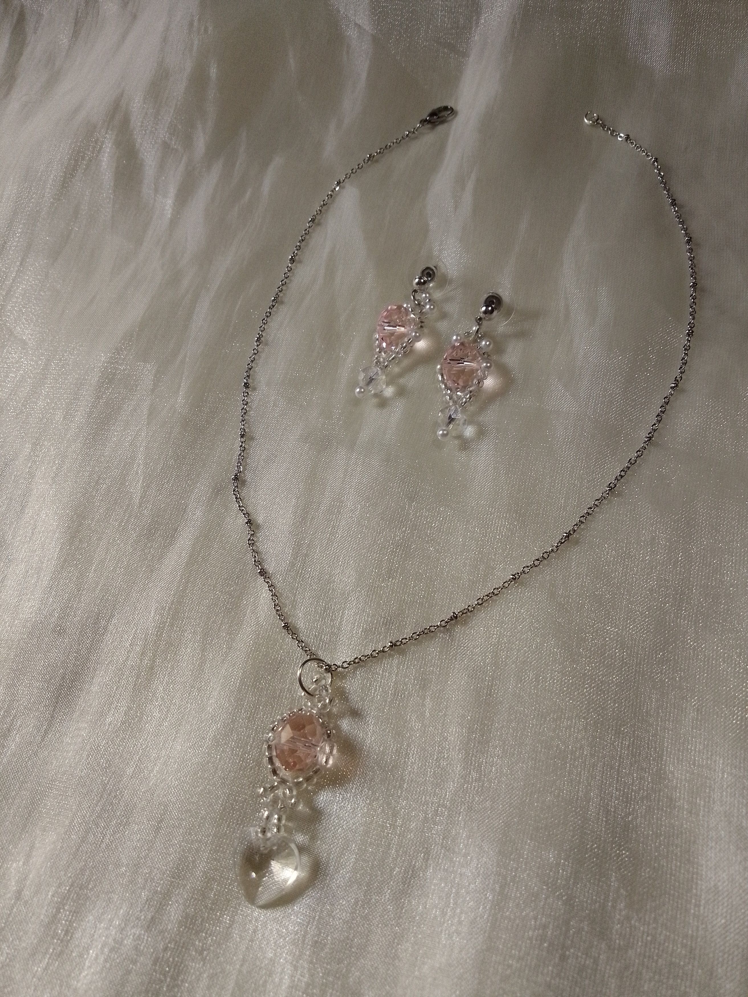 Handmade Necklace Earrings Pink Crystal Heart Pendant Swarovski Size ONE SIZE - 5 Thumbnail