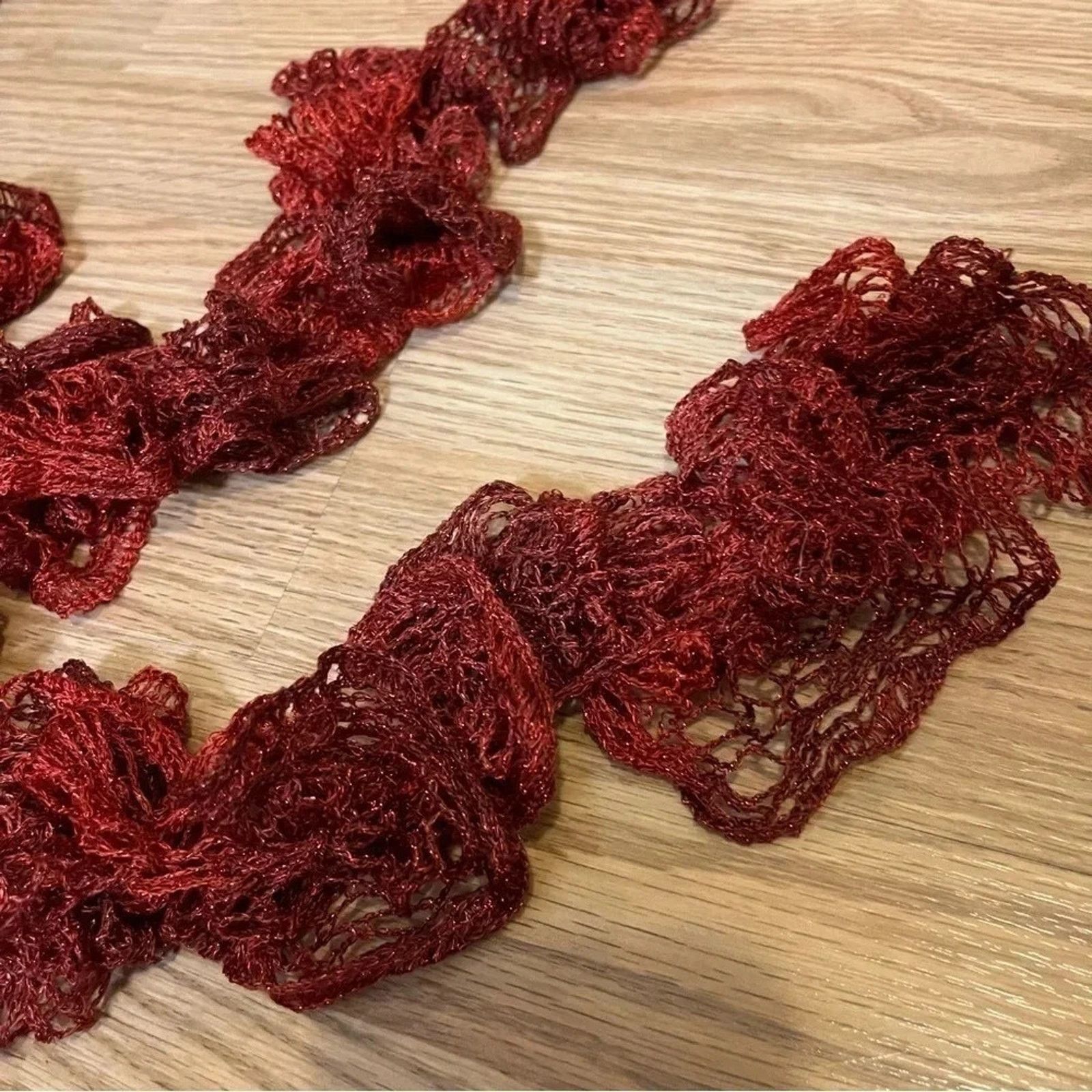 Handmade Fashion Handmade Crochet Ruffle Lace Scarf Red Extra Long Size ONE SIZE - 2 Thumbnail
