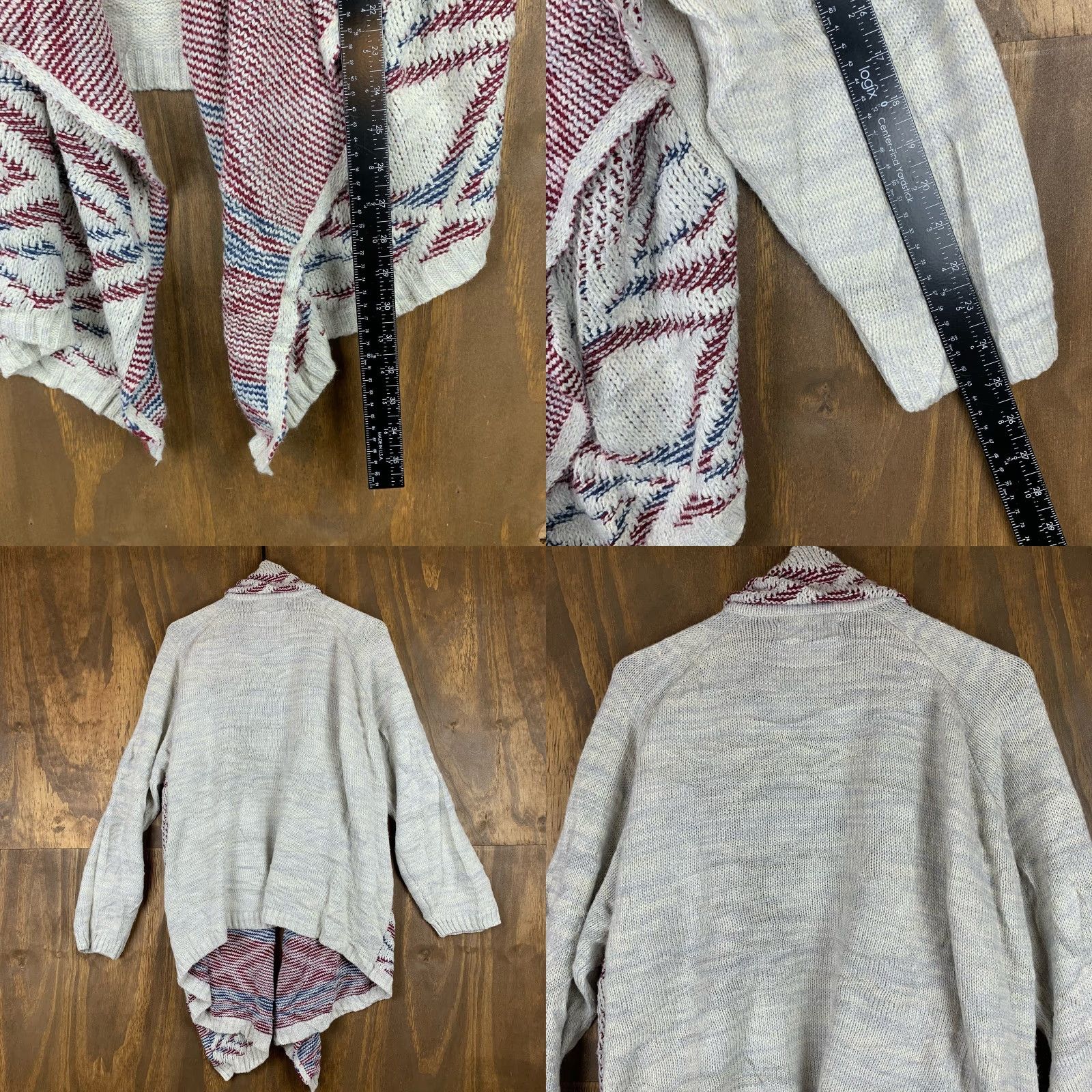 Vintage Au Lieu Womens Cardigan Sweater Gray Burgundy Aztec Open Waterfall Front 3X Size XXL / US 16-18 / IT 52-54 - 8 Thumbnail