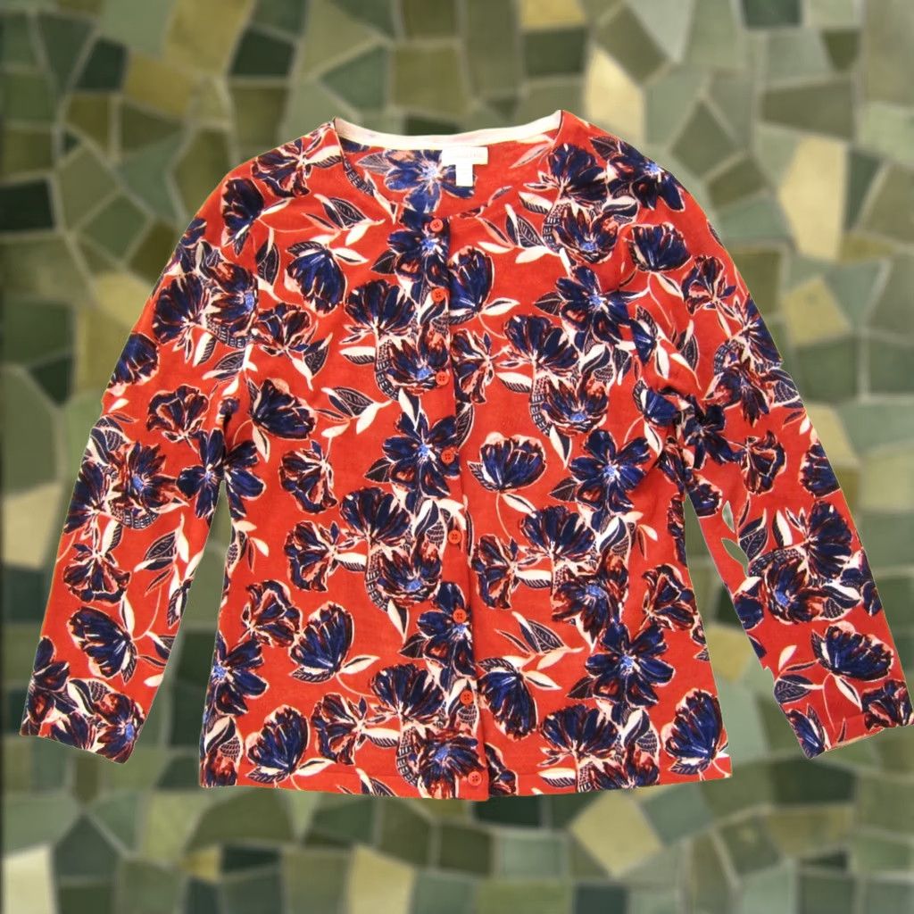 Vintage Garnet Hill Cardigan Knit Sweater S Floral 100% Merino Wool Orange Blue Ivory Women Size S / US 4 / IT 40 - 1 Thumbnail