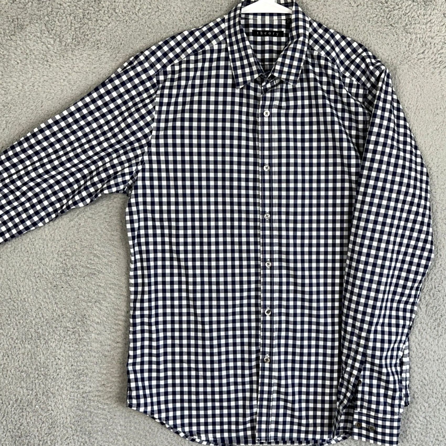 Theory Theory Shirt Mens Large Navy White Button Up Gingham Check Casual Long Sleeve Size US L / EU 52-54 / 3 - 2 Thumbnail