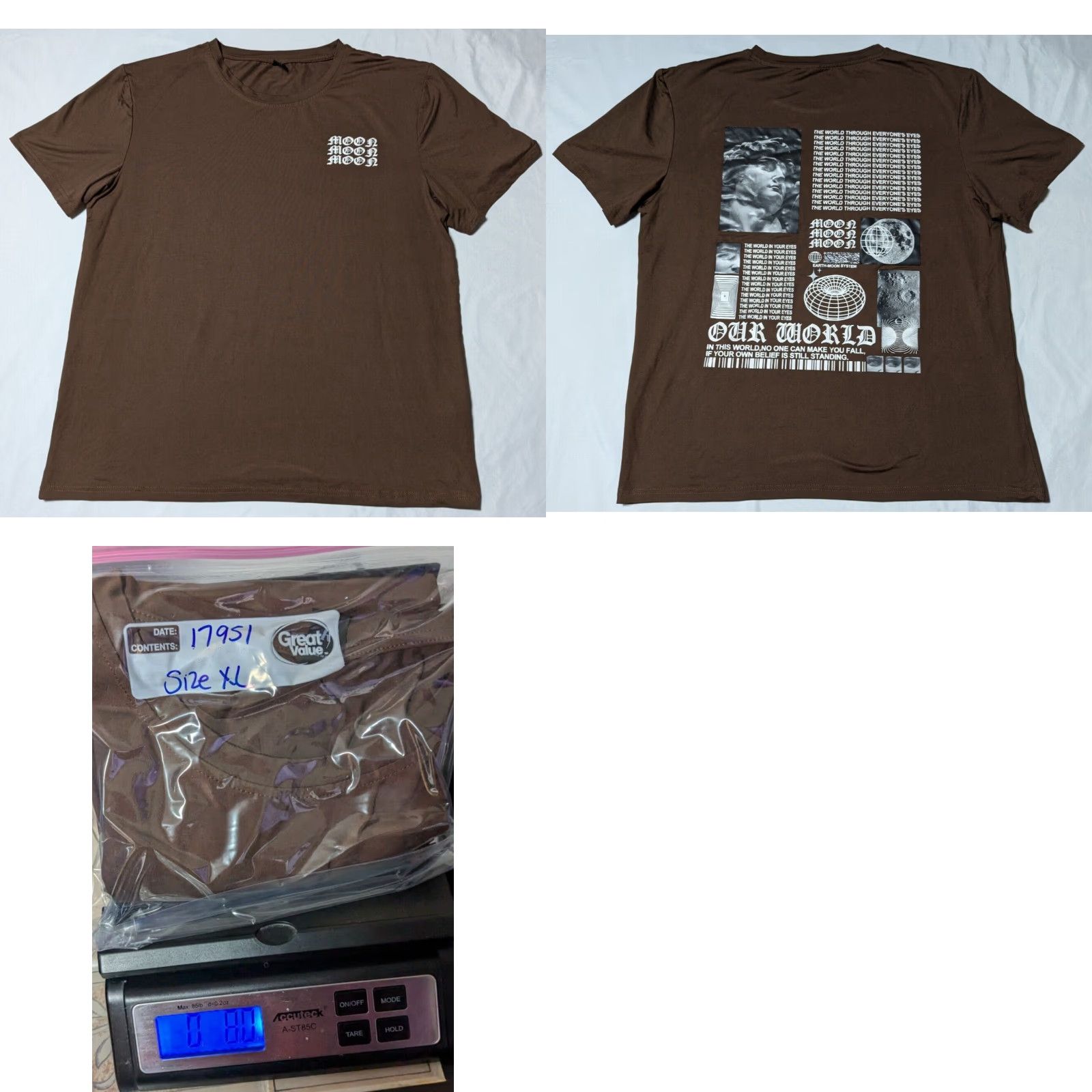Vintage ROMWE Moon Moon Moon Men XL Brown Double-Sided T-Shirt EUC Crew Neck Short Sleeve Graphic Print Logo All Seasons Size US XL / EU 56 / 4 - 9 Thumbnail