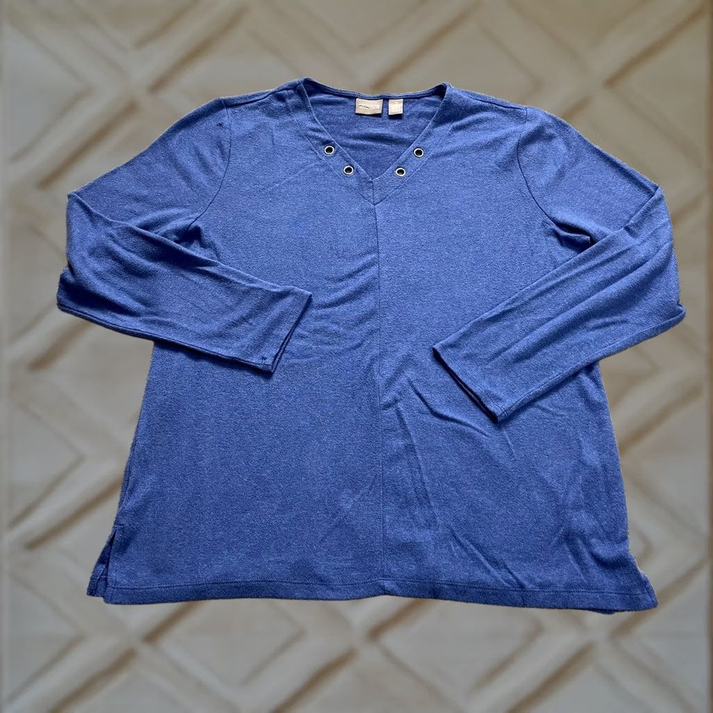 Vintage Chico's Shirt Womens Chico Blue Long Sleeve V Neck T-Shirt 2 12 Large L Rayon Polyester Top Size L / US 10 / IT 46 - 1 Thumbnail
