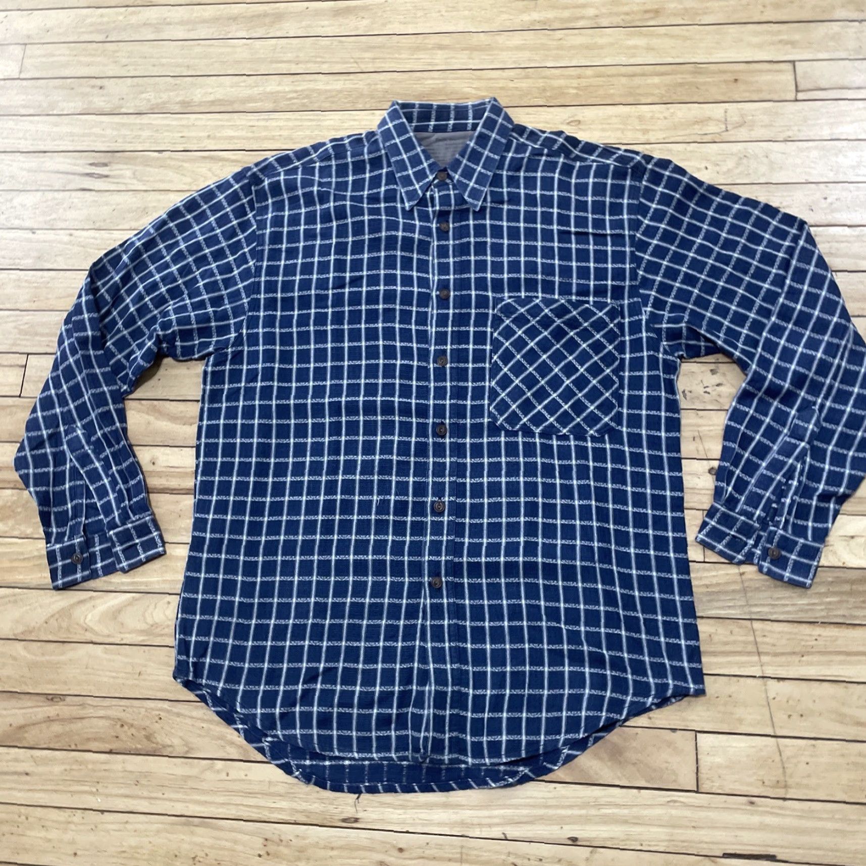 Bugle Boy VINTAGE Bugle Boy Chain Print Stitch Men M Western Equestrian Blue White Check Plaid Shirt Size ONE SIZE - 3 Thumbnail