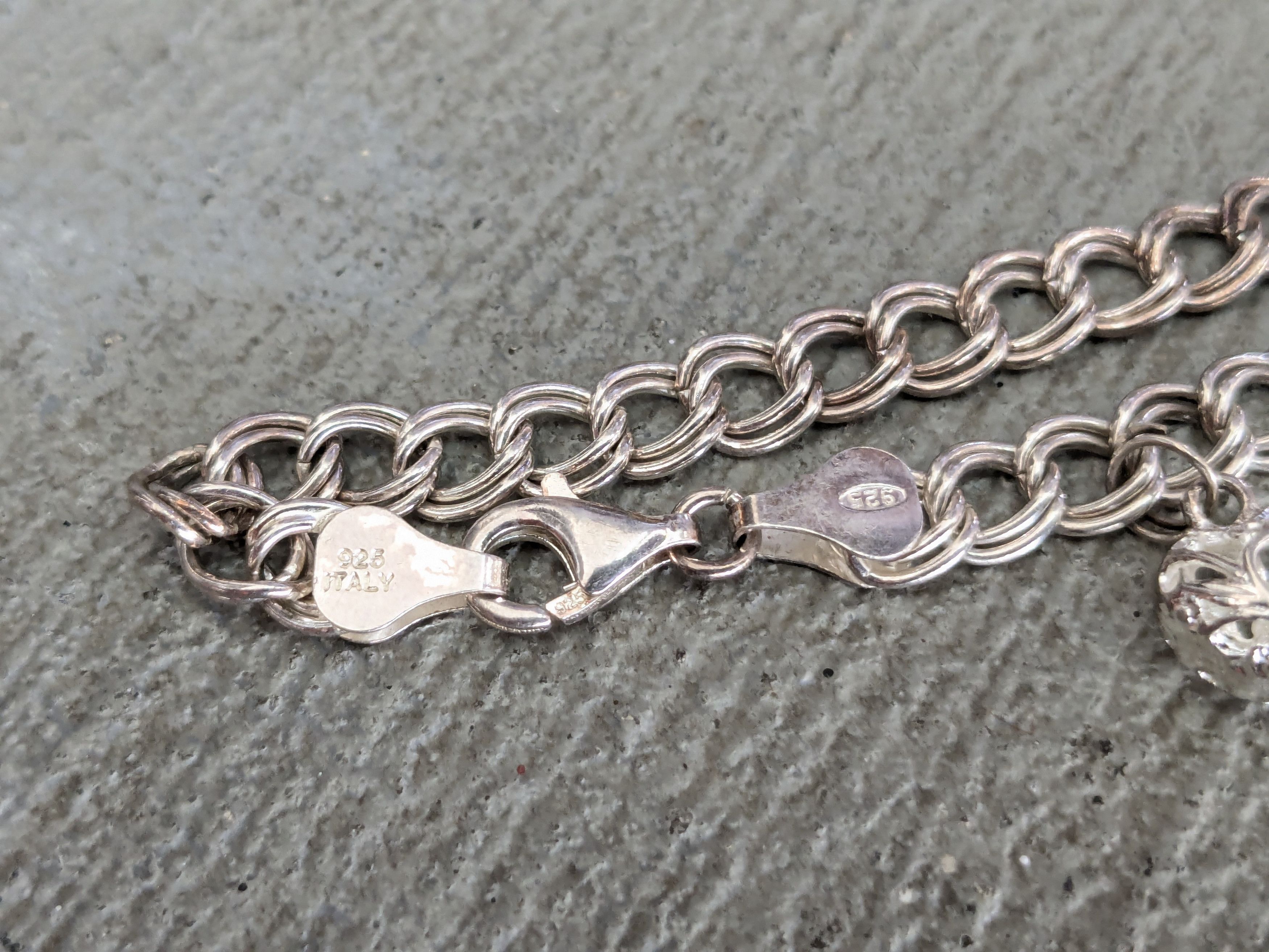 Jewelry Sterling Silver Bracelet Double Curb Heart Charm 7" Italy Size ONE SIZE - 6 Thumbnail