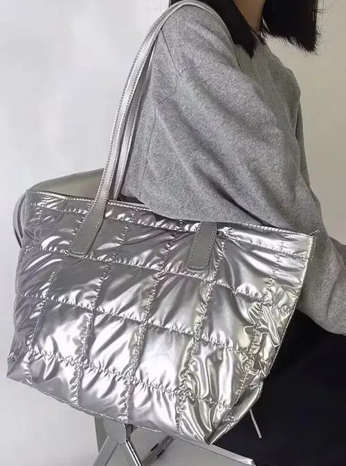 Fashion Y2K Unisex Quilted Shoulder Tote Bag in Silver, Men's