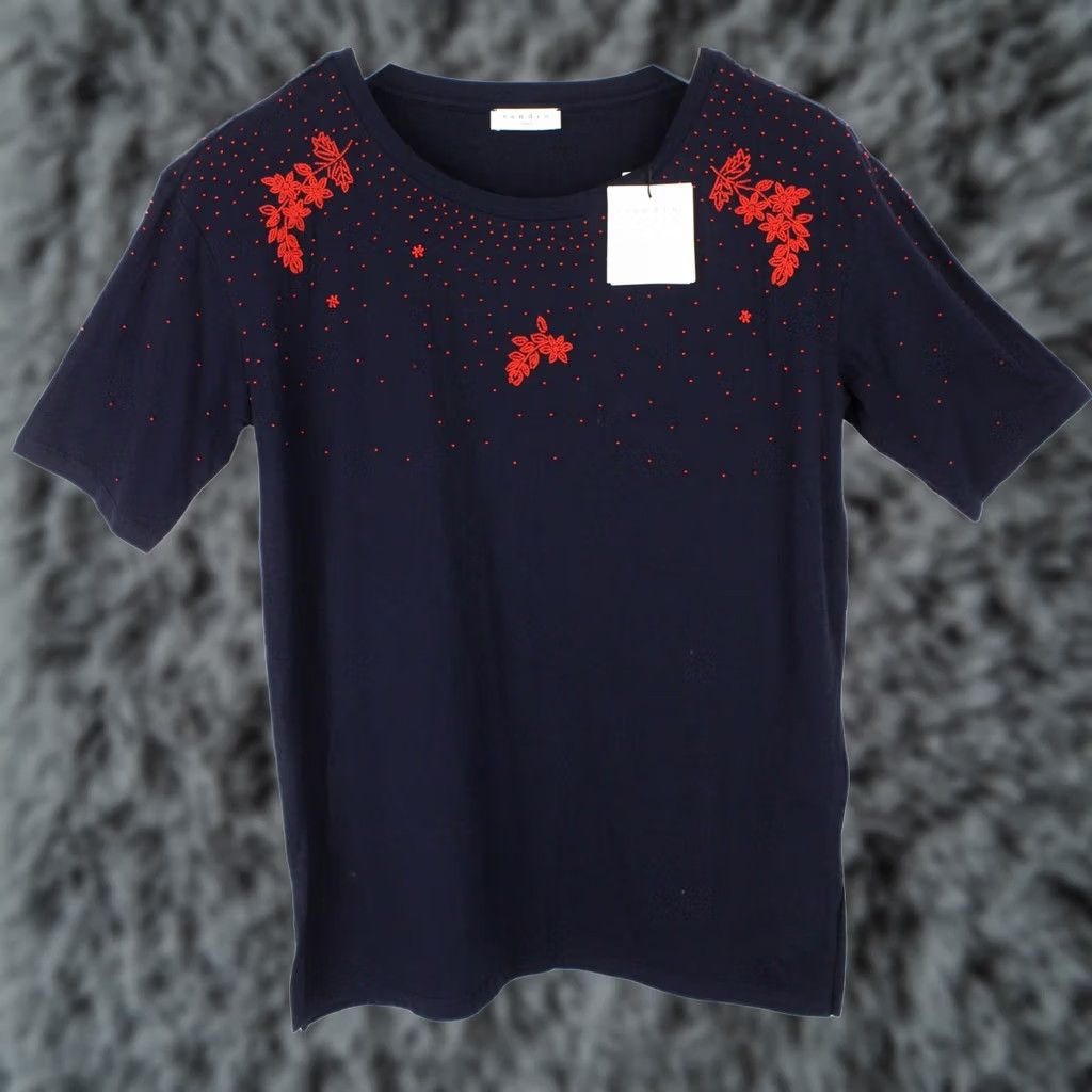 Sandro Sandro Anemone T-Shirt Women's SMALL Short Sleeve Beads Embroidered Blue Size S / US 4 / IT 40 - 1 Thumbnail