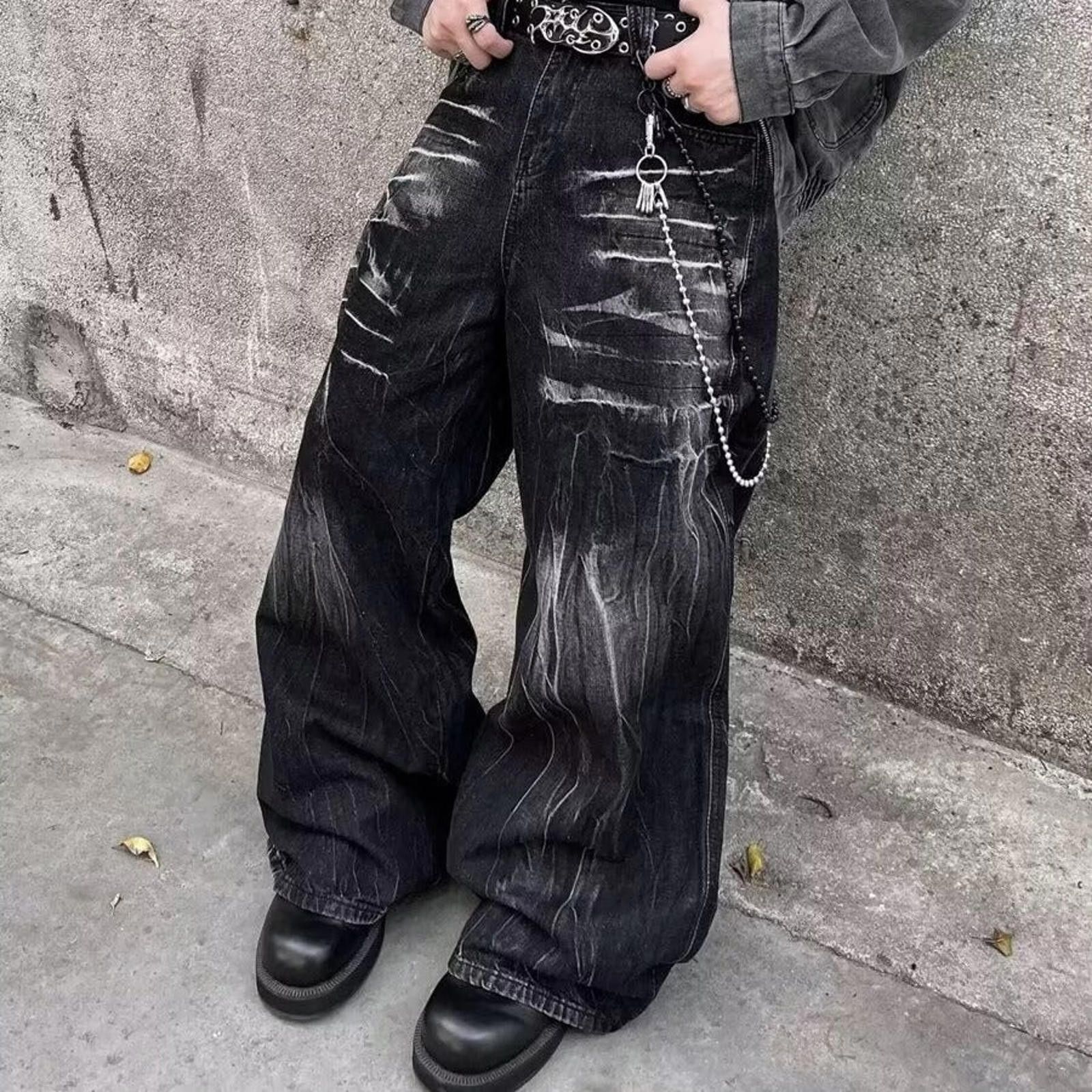 Japanese Brand Black Distressed Baggy Wide Leg Jeans, Barrel Leg Jeans Size US 32 / EU 48 - 1 Thumbnail