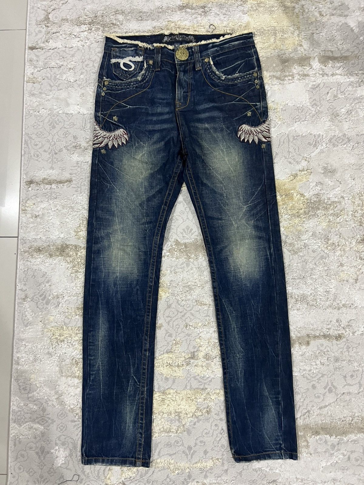 If Six Was Nine Y2K Red Pepper Embroidery Wing Studded Fade Wash Jeans Denim Size US 30 / EU 46 - 7 Thumbnail