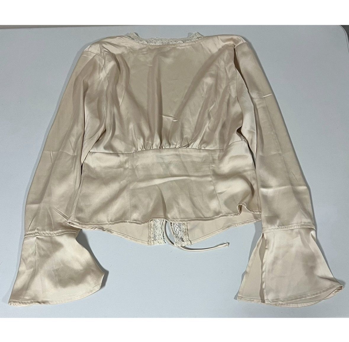PRINCESS POLLY Silk Satin Lace Tie-Front Cardigan Shirt Top Blouse Size 4 ✨ Size S / US 4 / IT 40 - 6 Thumbnail